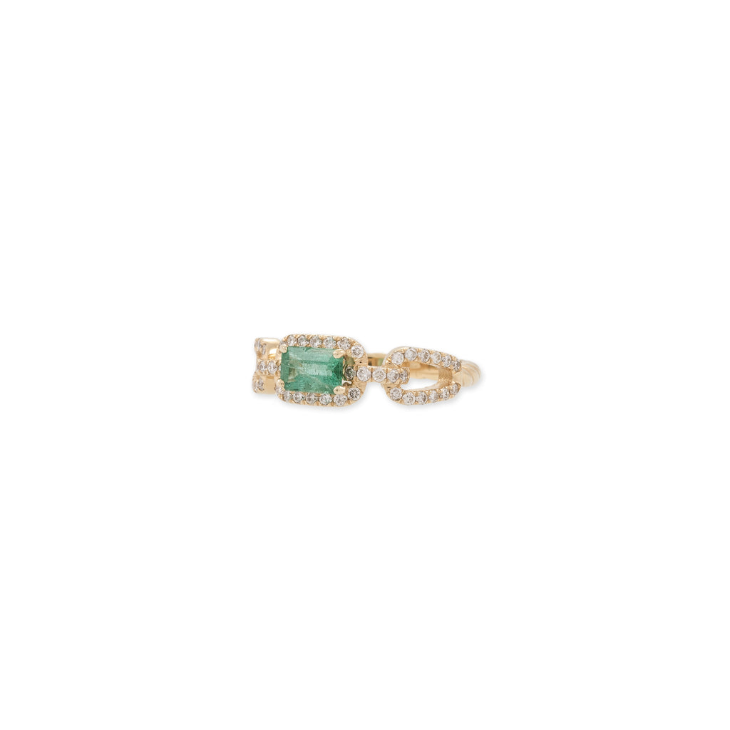 EMERALD BAGUETTE CENTER PAVE CHAIN LINK ROPE RING
