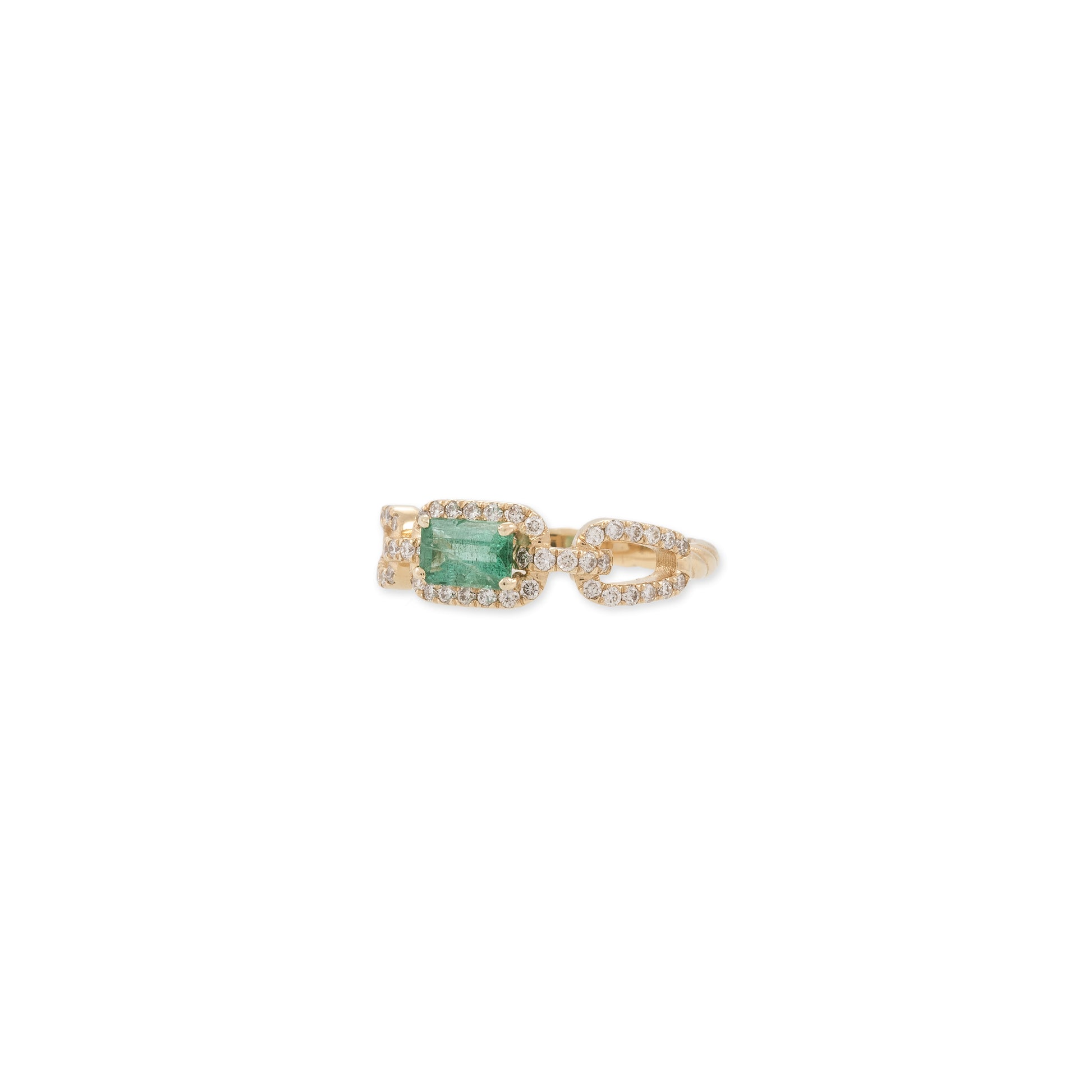 EMERALD BAGUETTE CENTER PAVE CHAIN LINK ROPE RING