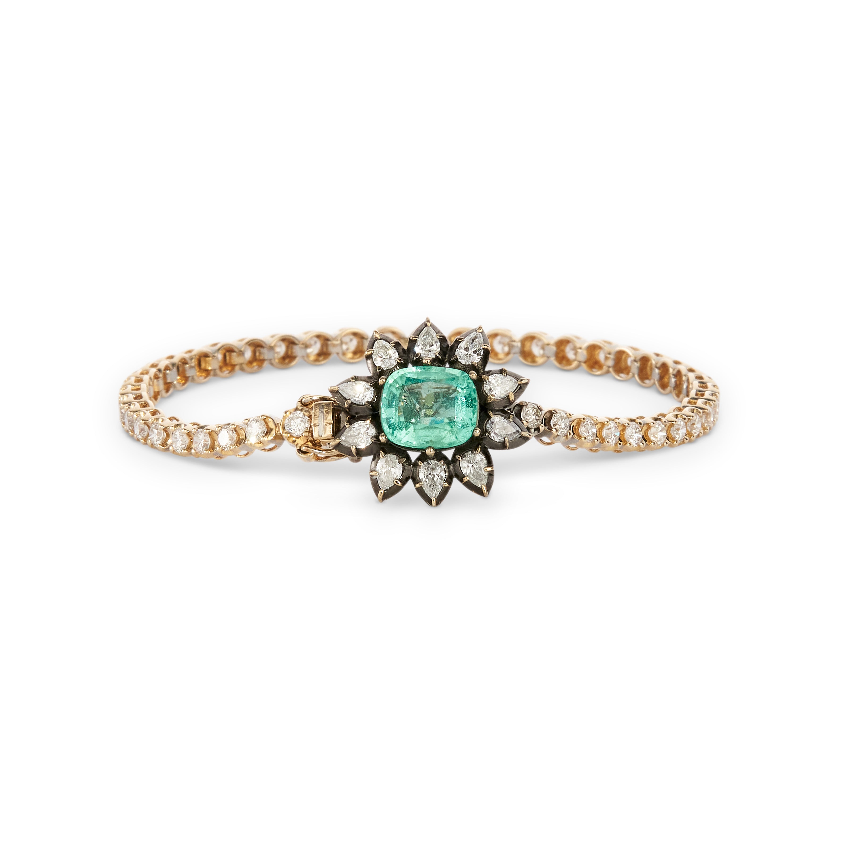 Black Rhodium Emerald Center Teardrop Diamond Flower Sophia Bracelet