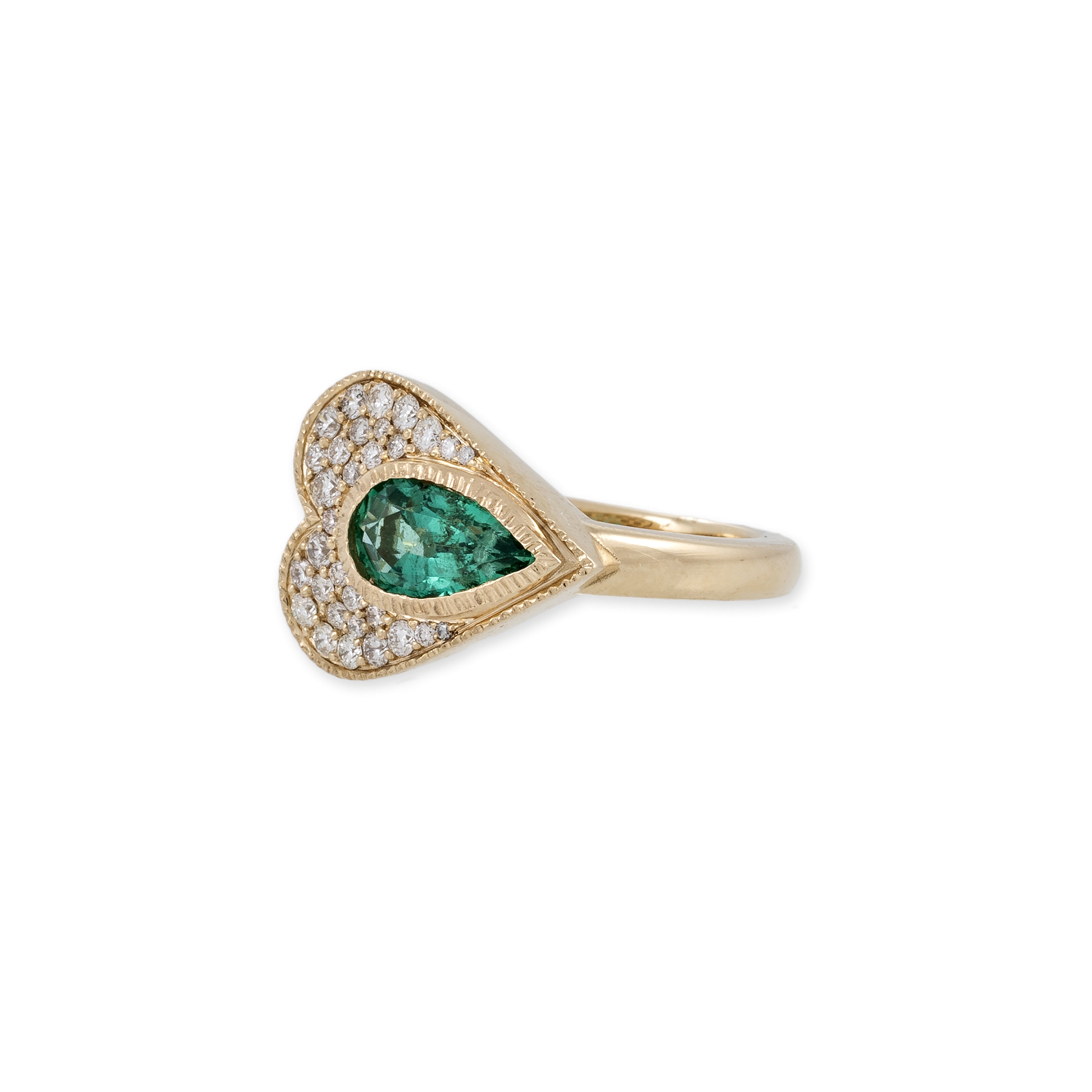 EMERALD TEARDROP PAVE SIDEWAYS HEART RING