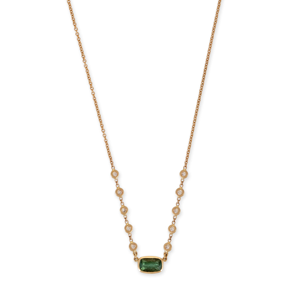 Green Tourmaline Rounded Rectangle 10 Diamond Necklace