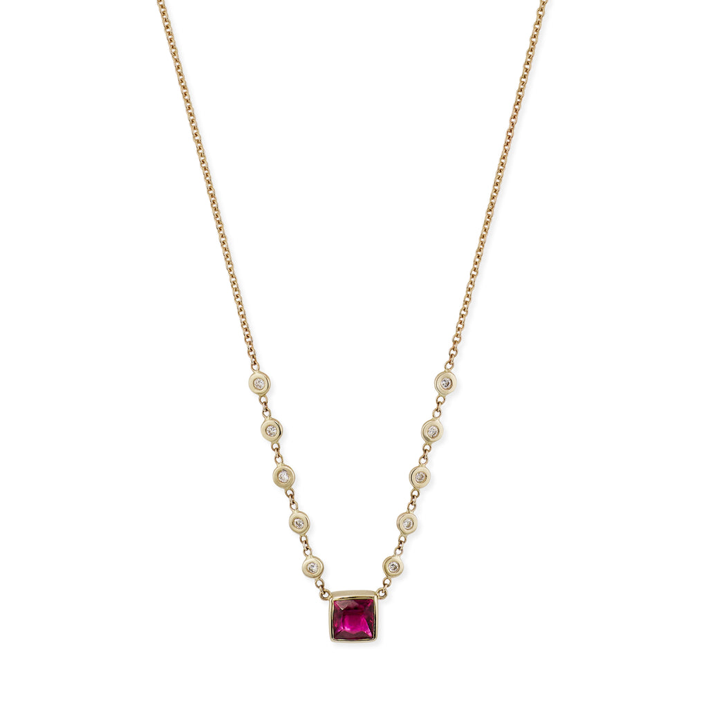 Pink Tourmaline Square 10 Diamond Necklace