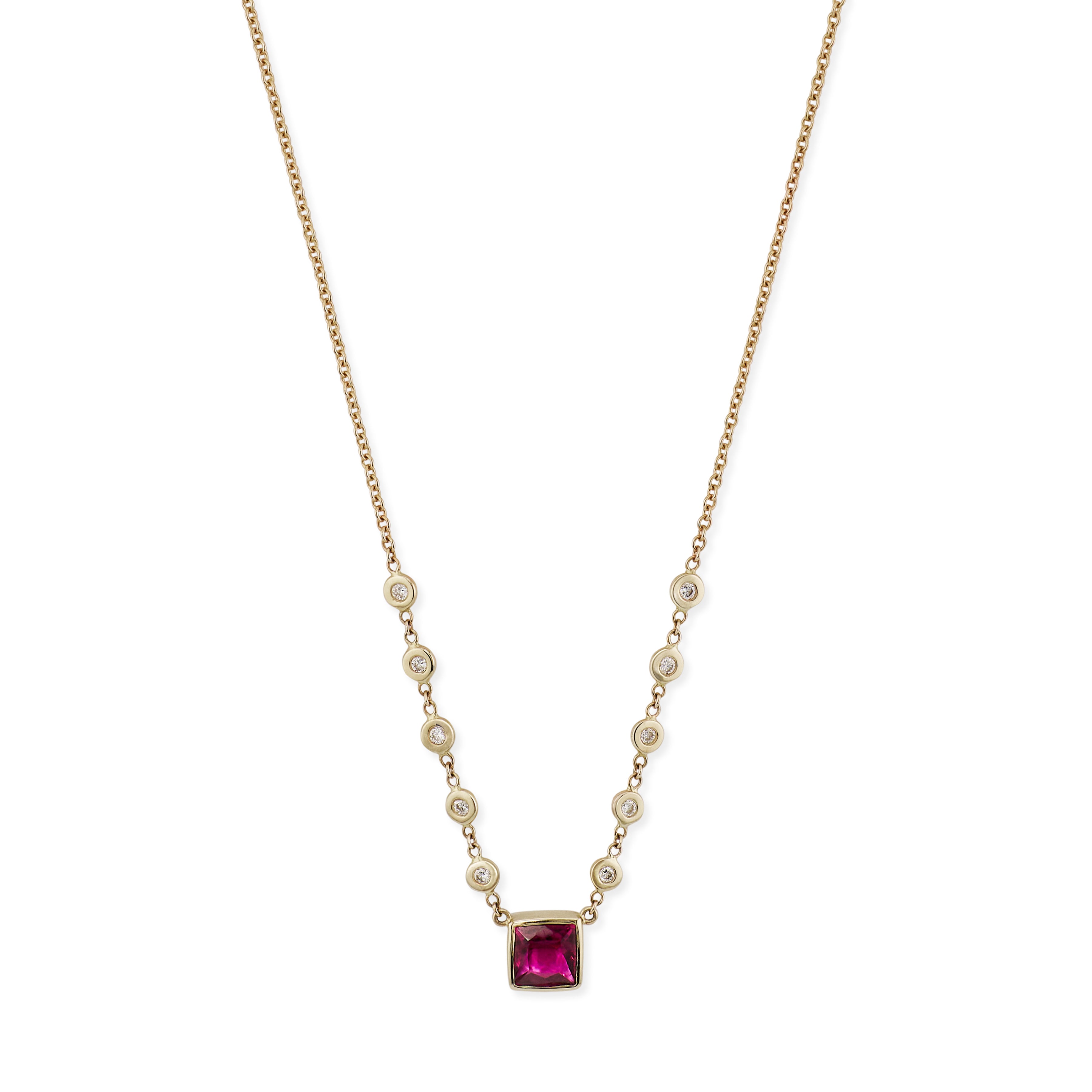Pink Tourmaline Square 10 Diamond Necklace