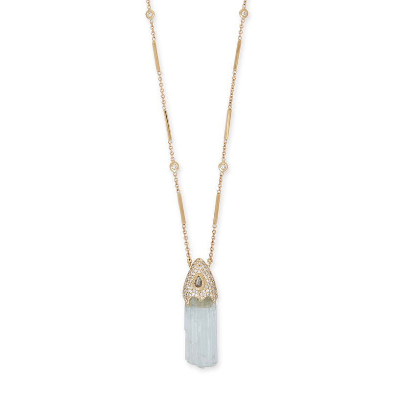 TEARDROP DIAMOND PAVE CAP + RAW AQUAMARINE CRYSTAL NECKLACE