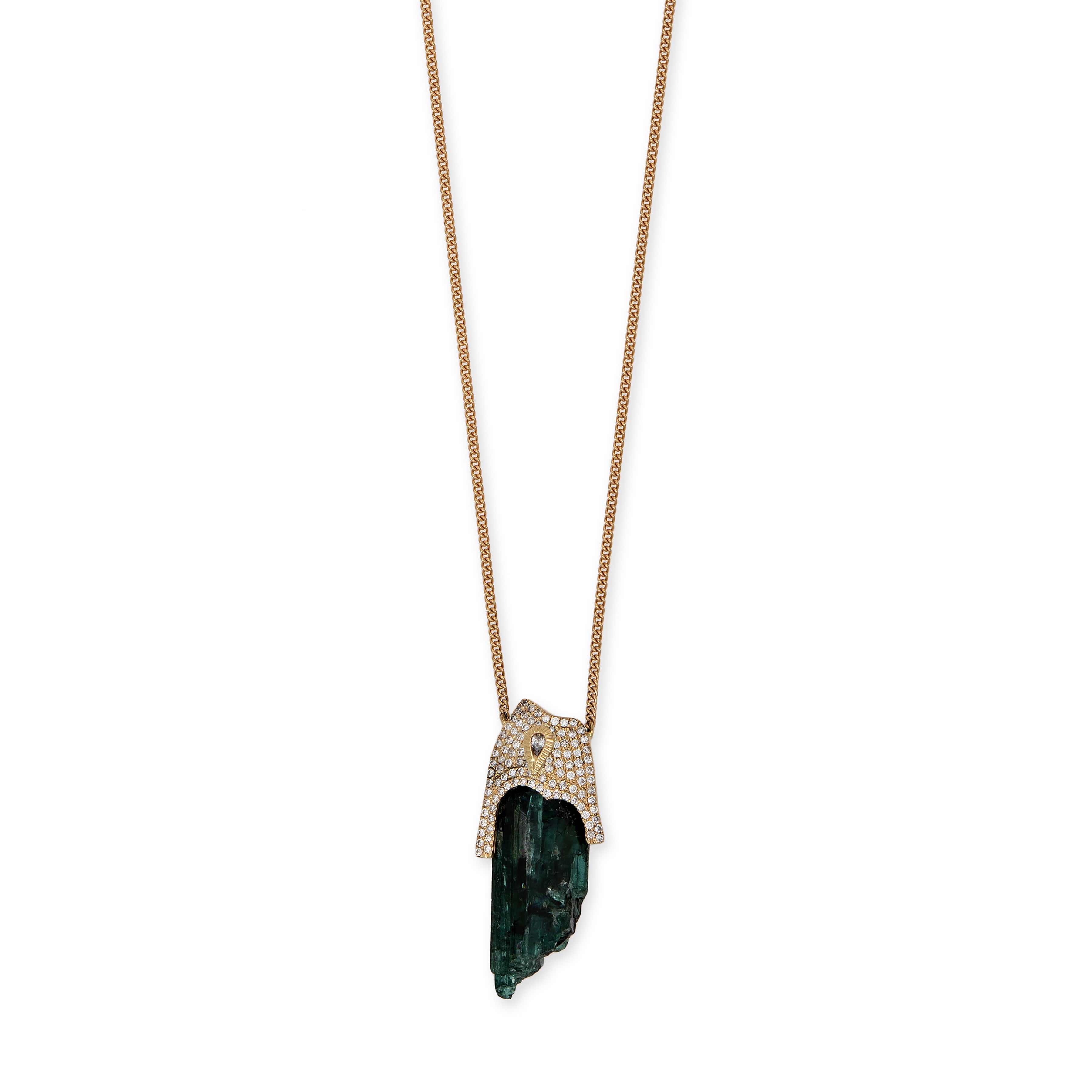 TEARDROP DIAMOND PAVE CAP + RAW GREEN TOURMALINE CRYSTAL NECKLACE