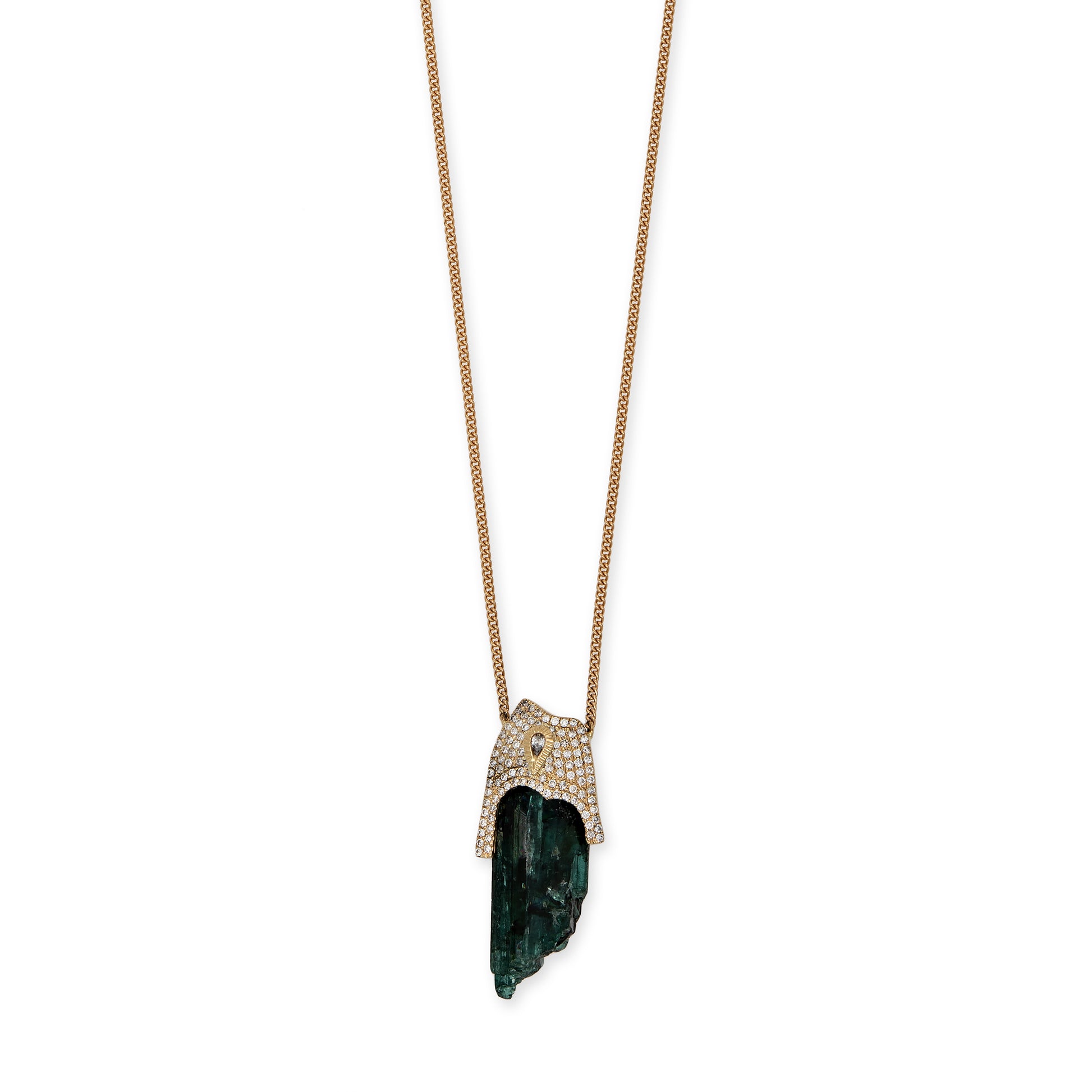 Teardrop Diamond Pave Cap + Raw Green Tourmaline Crystal Necklace
