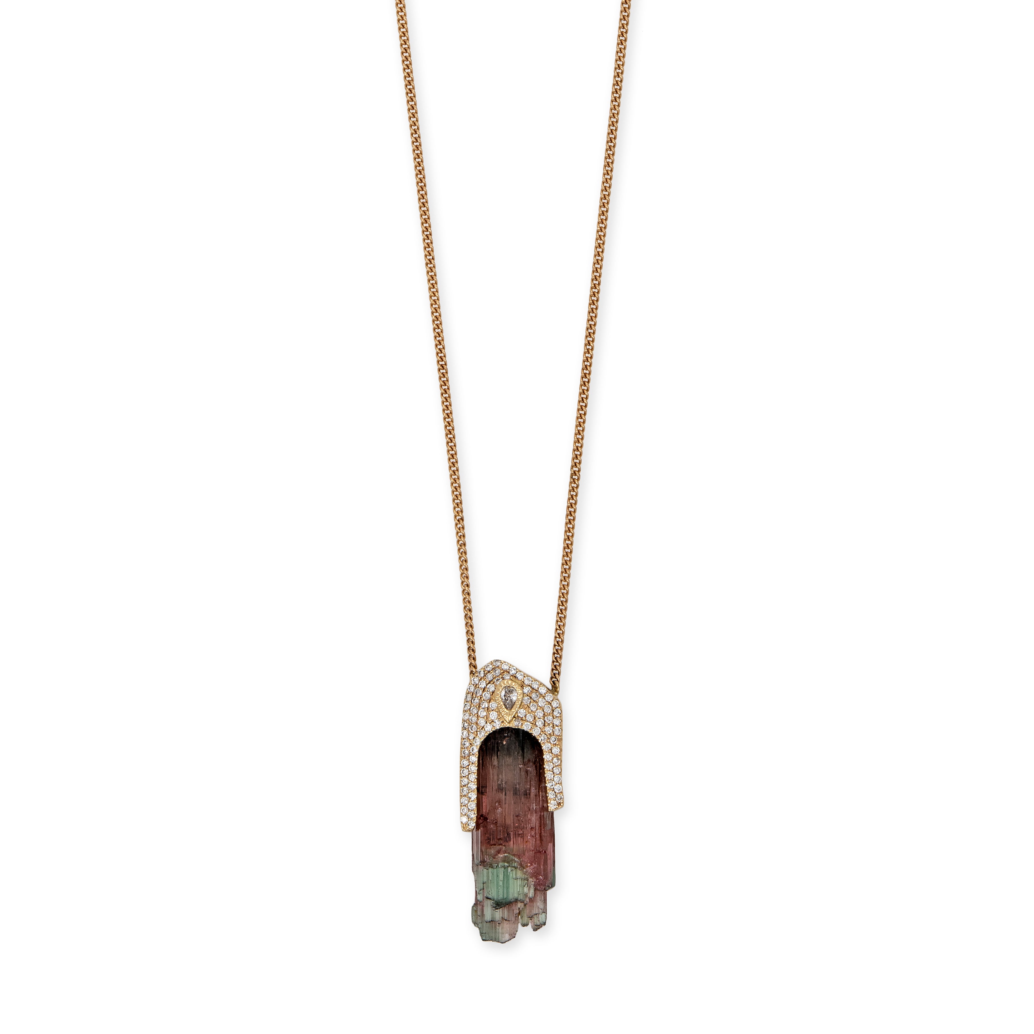 TEARDROP DIAMOND PAVE CAP + RAW WATERMELON TOURMALINE CRYSTAL NECKLACE