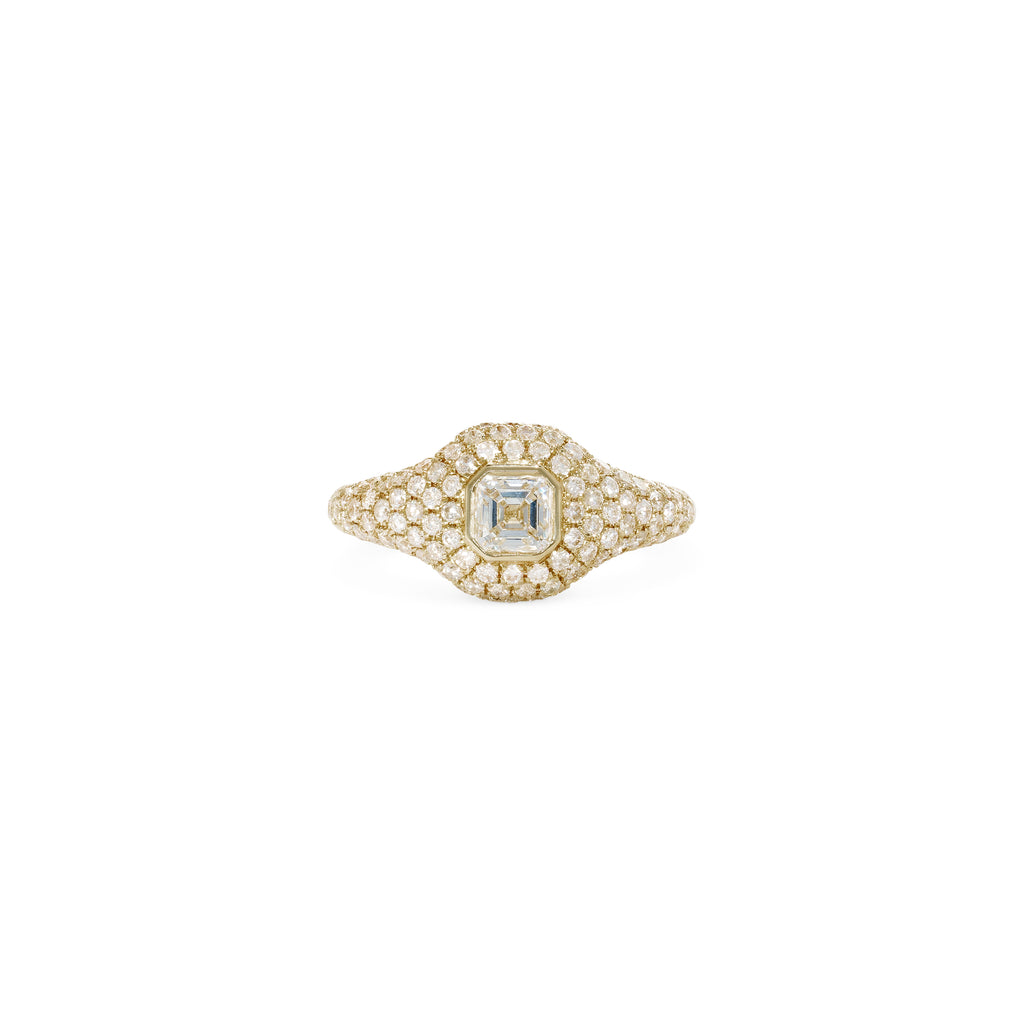 Large Asscher Diamond Pave Signet Ring