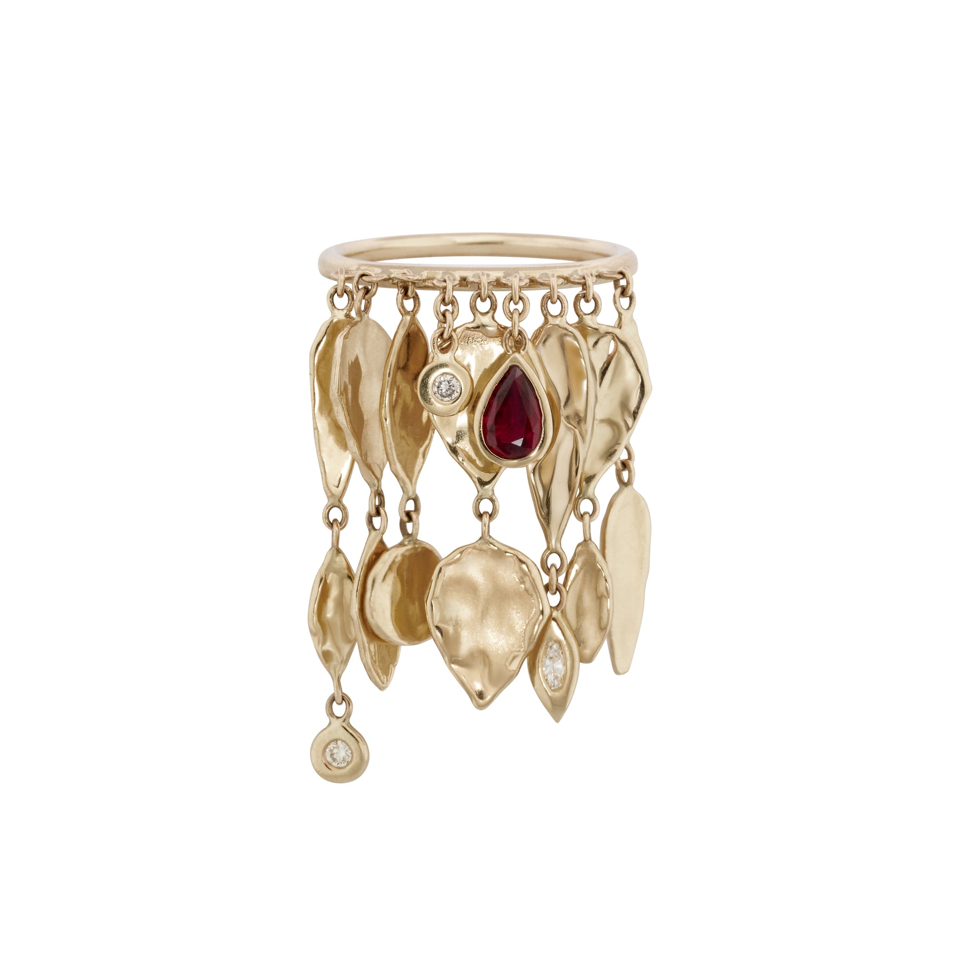 Diamond Hammered Multi Shape + Ruby Teardrop Shaker Ring