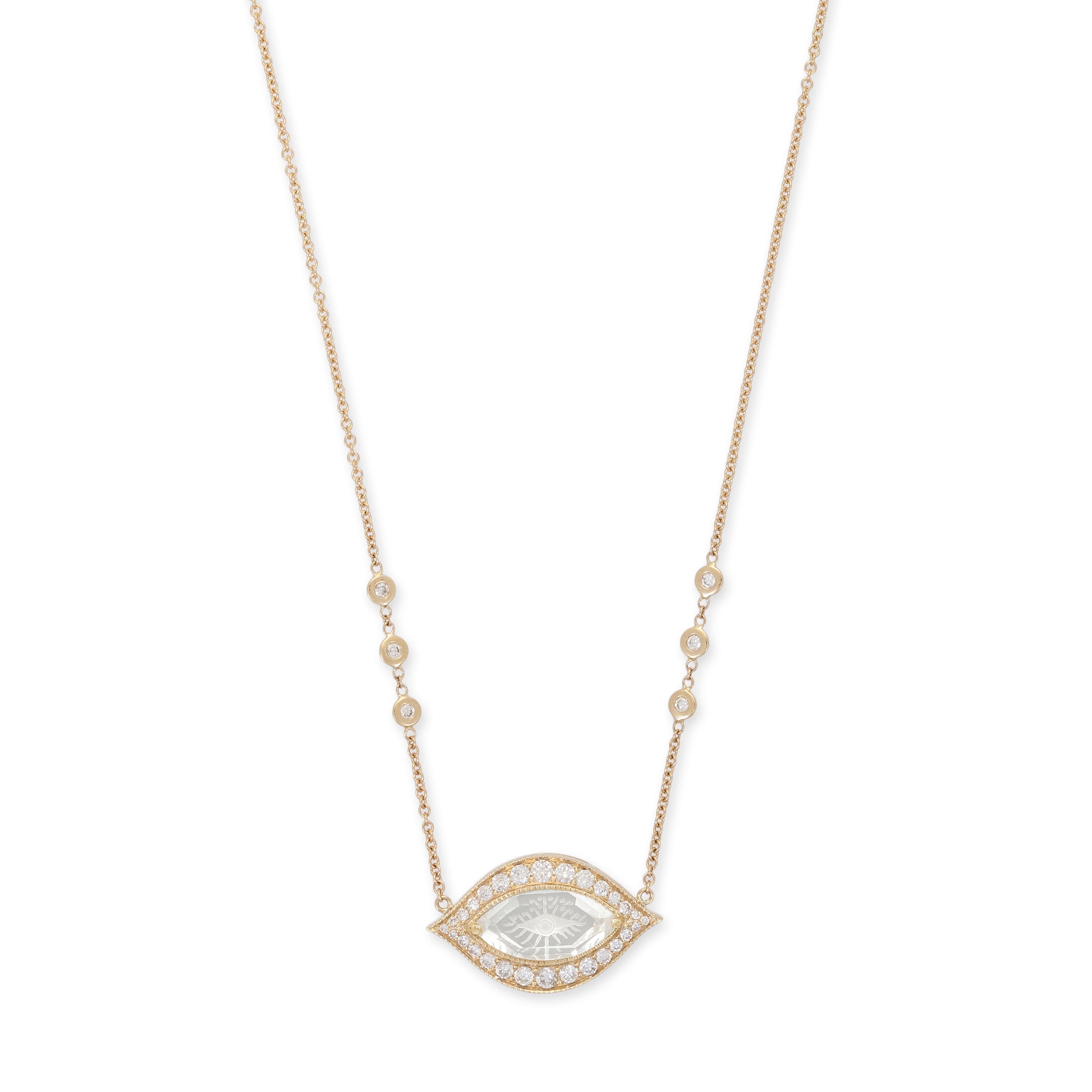 PAVE CARVED EYE BURST CLEAR QUARTZ MARQUISE NECKLACE