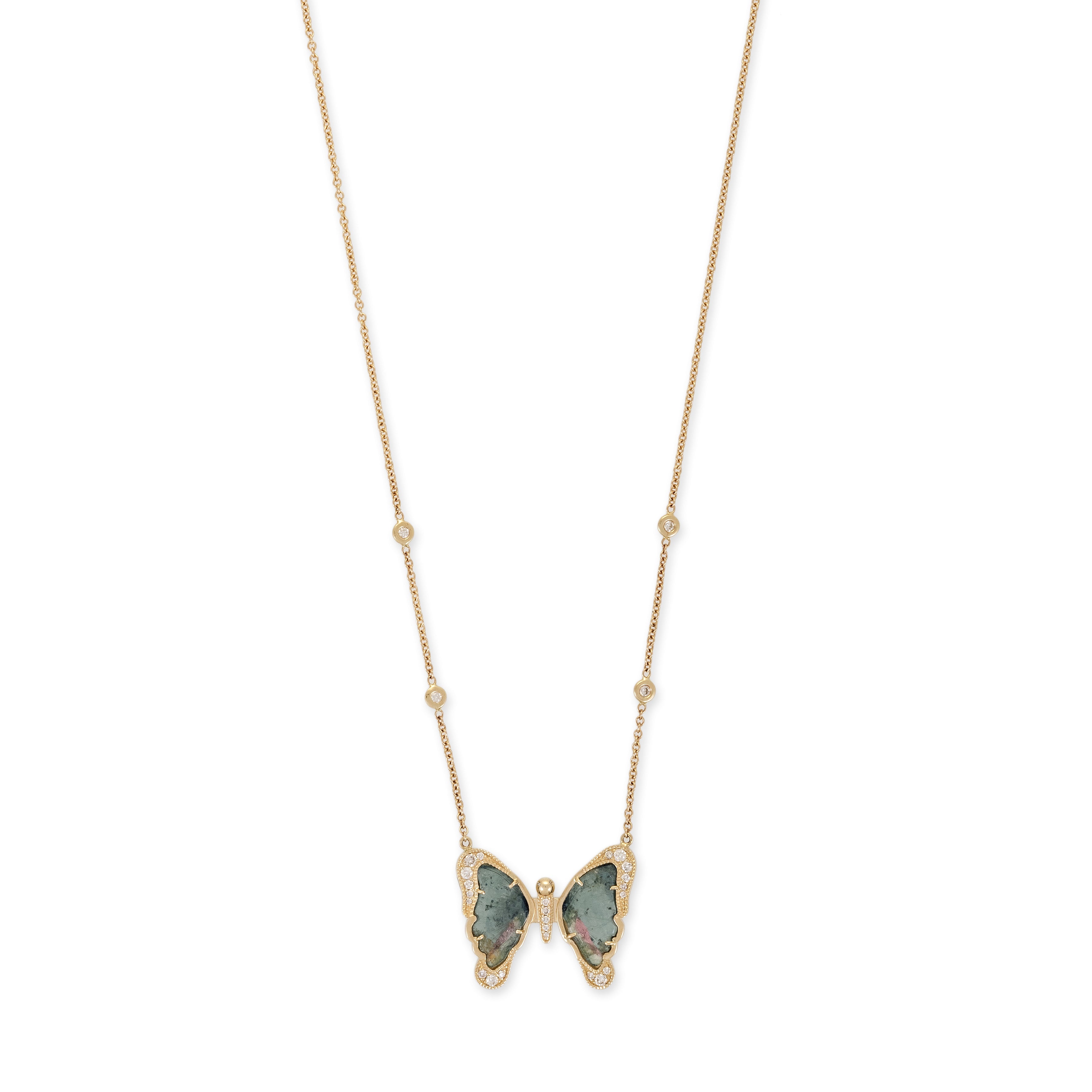 PARTIAL PAVE BORDER SMALL BLUE TOURMALINE PAVE CENTER BUTTERFLY NECKLACE