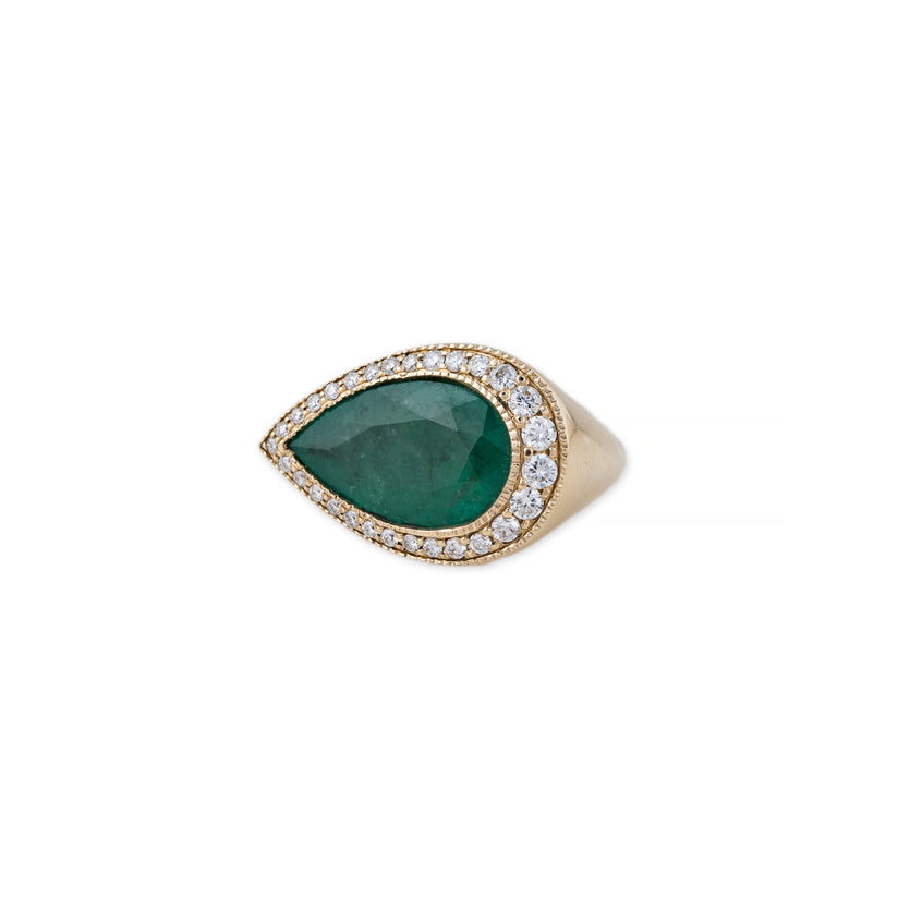 GRADUATED PAVE SIDEWAY EMERALD TEARDROP RING