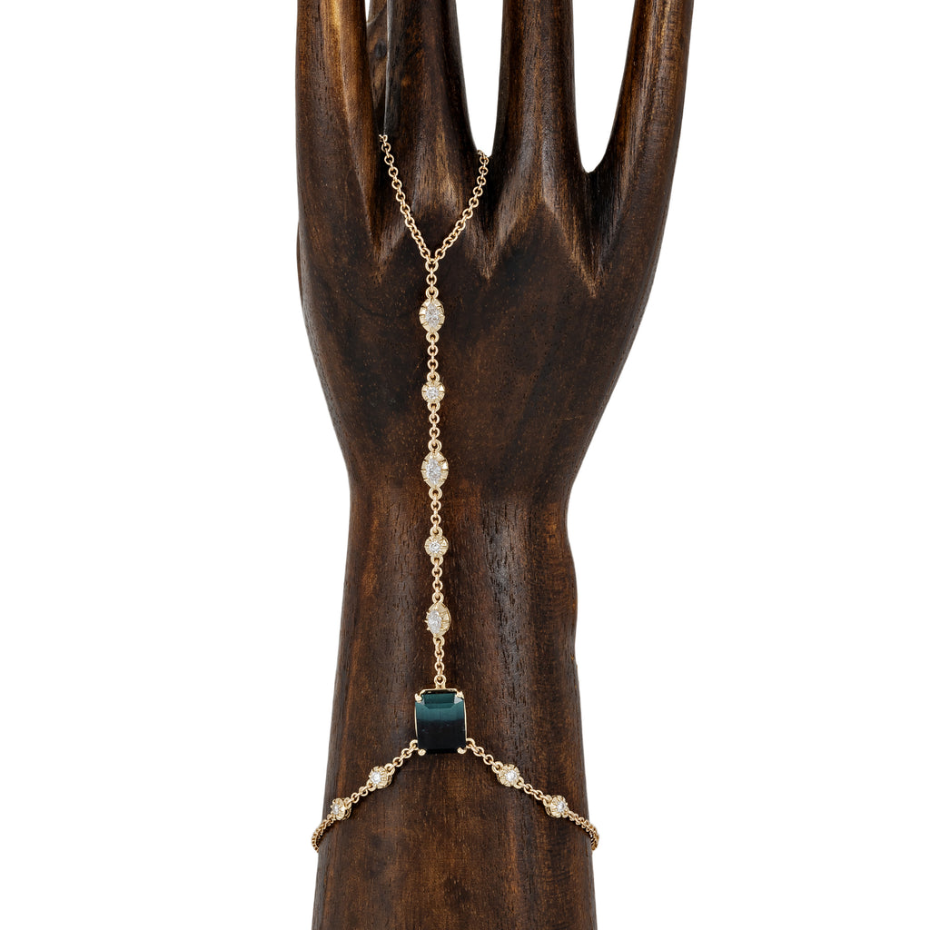 Green Tourmaline Baguette + Round and Marquise Sophia Diamond Finger Bracelet