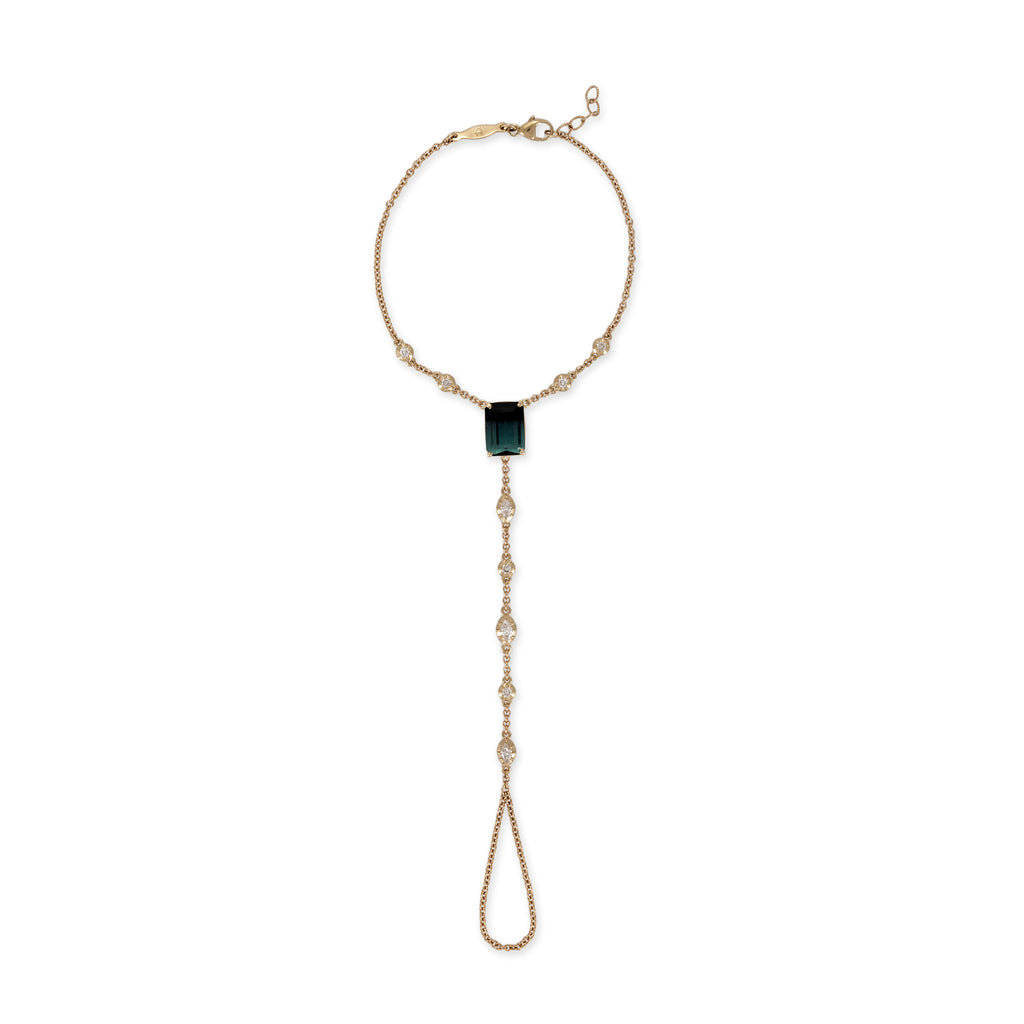 Green Tourmaline Baguette + Round and Marquise Sophia Diamond Finger Bracelet