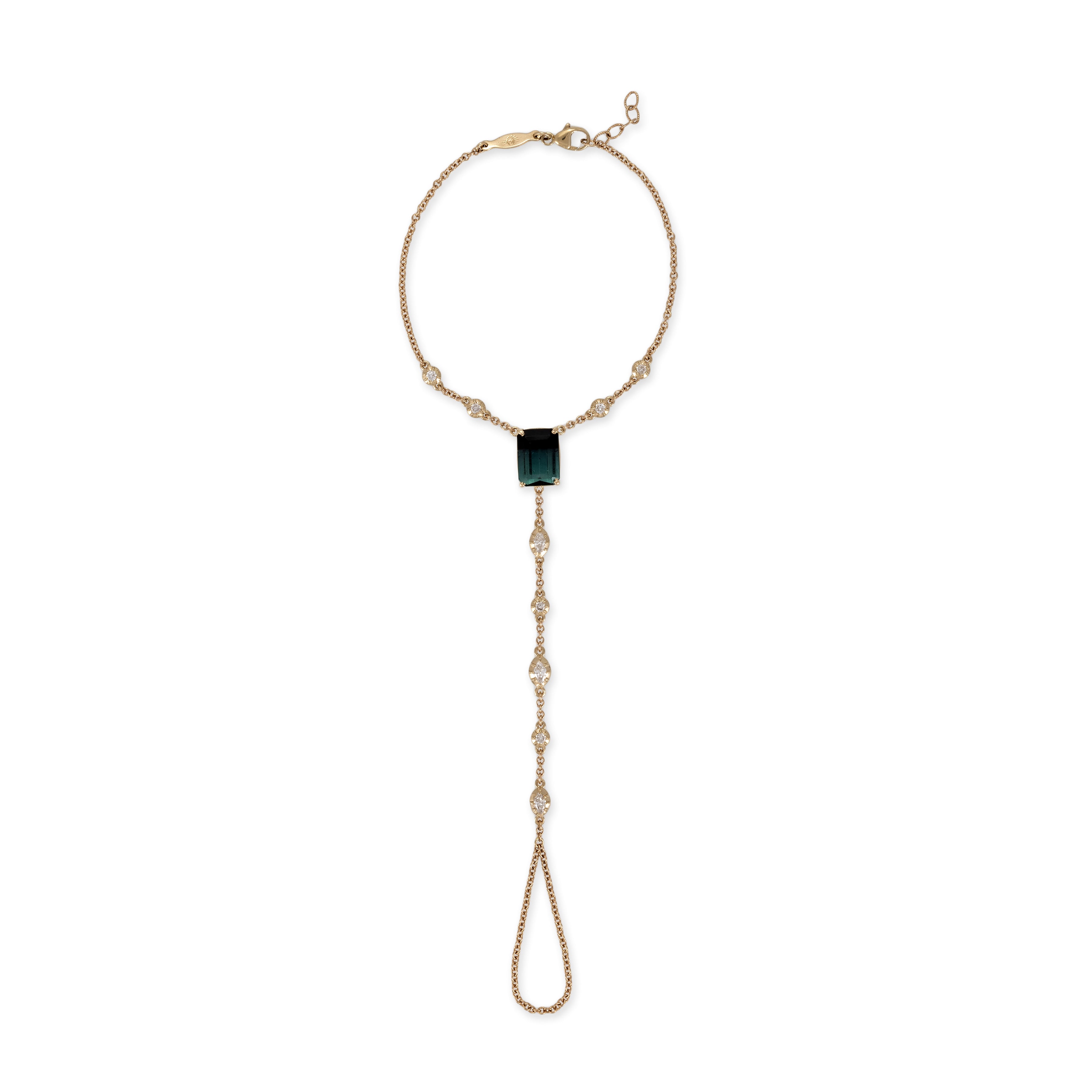 Green Tourmaline Baguette + Round and Marquise Sophia Diamond Finger Bracelet
