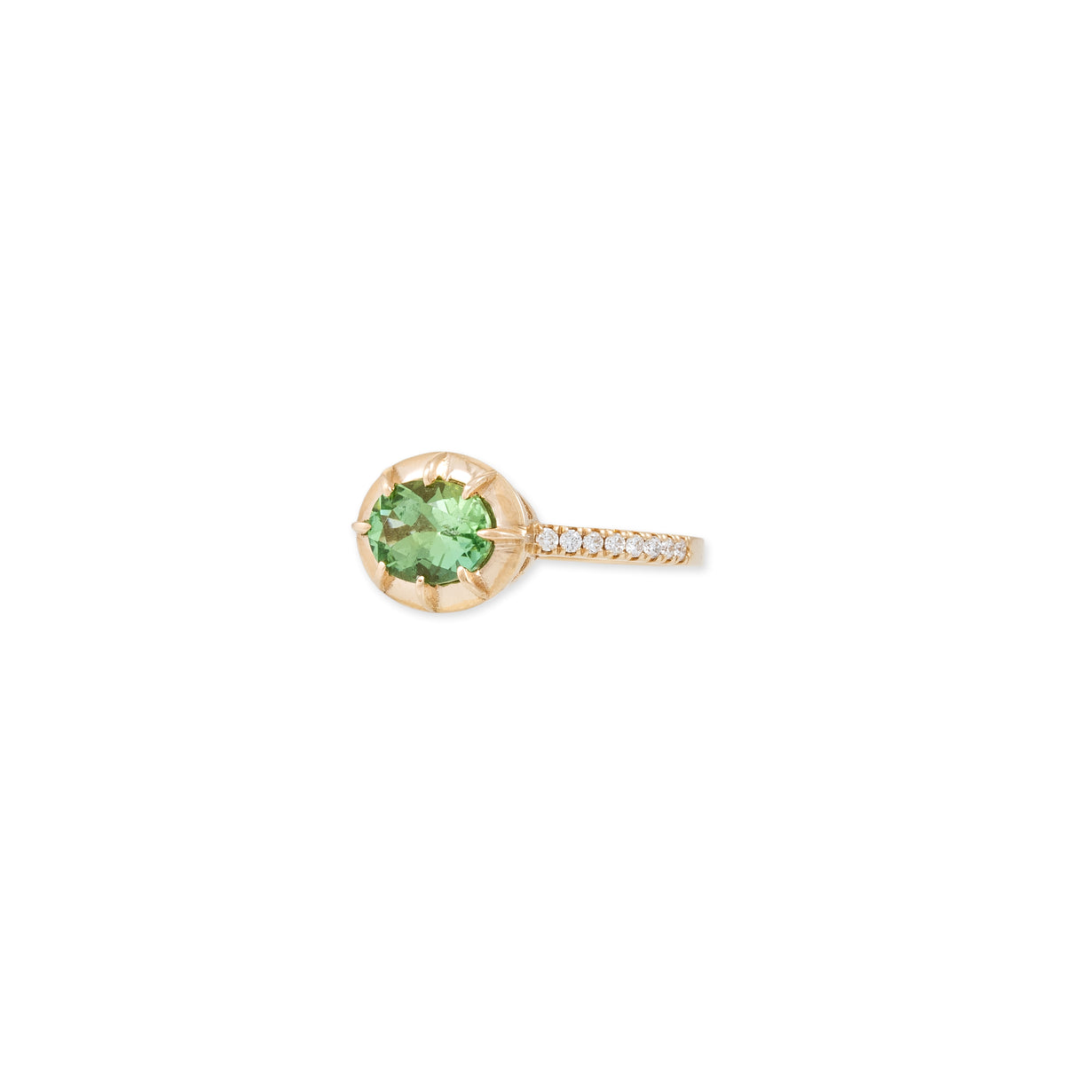 Light Green Tourmaline Oval Vintage Bezel Pave Ring