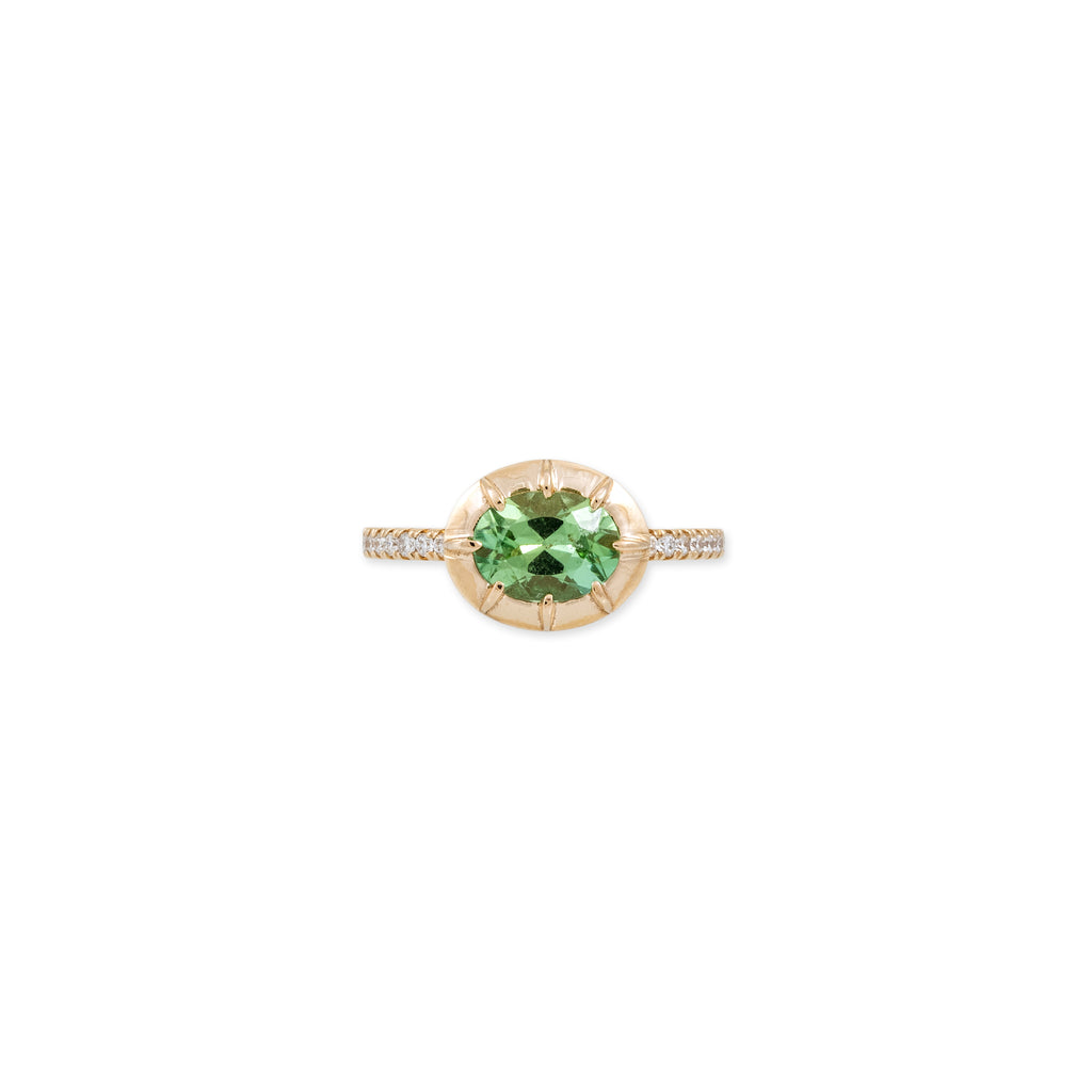 Light Green Tourmaline Oval Sophia Bezel Pave Ring