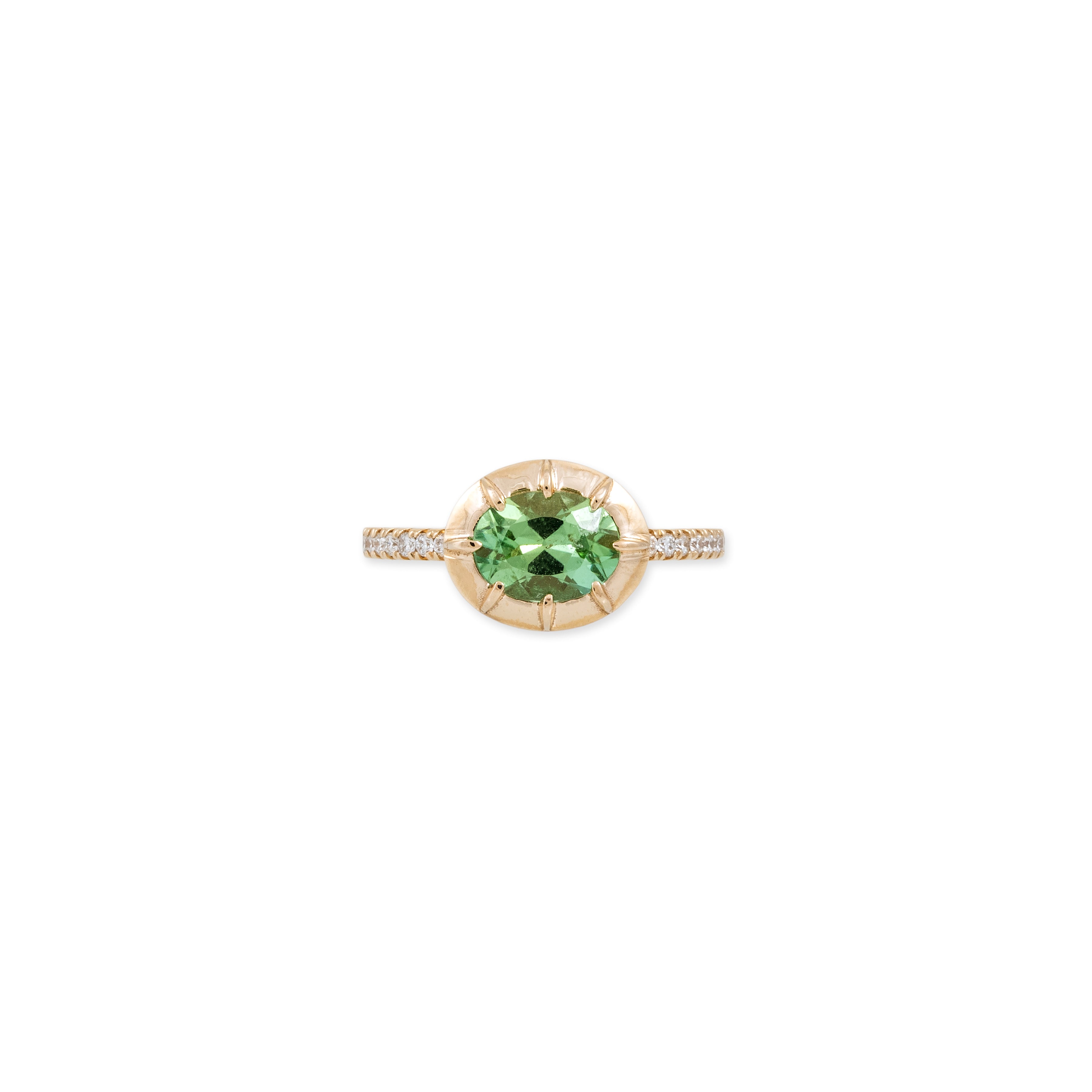 Light Green Tourmaline Oval Vintage Bezel Pave Ring