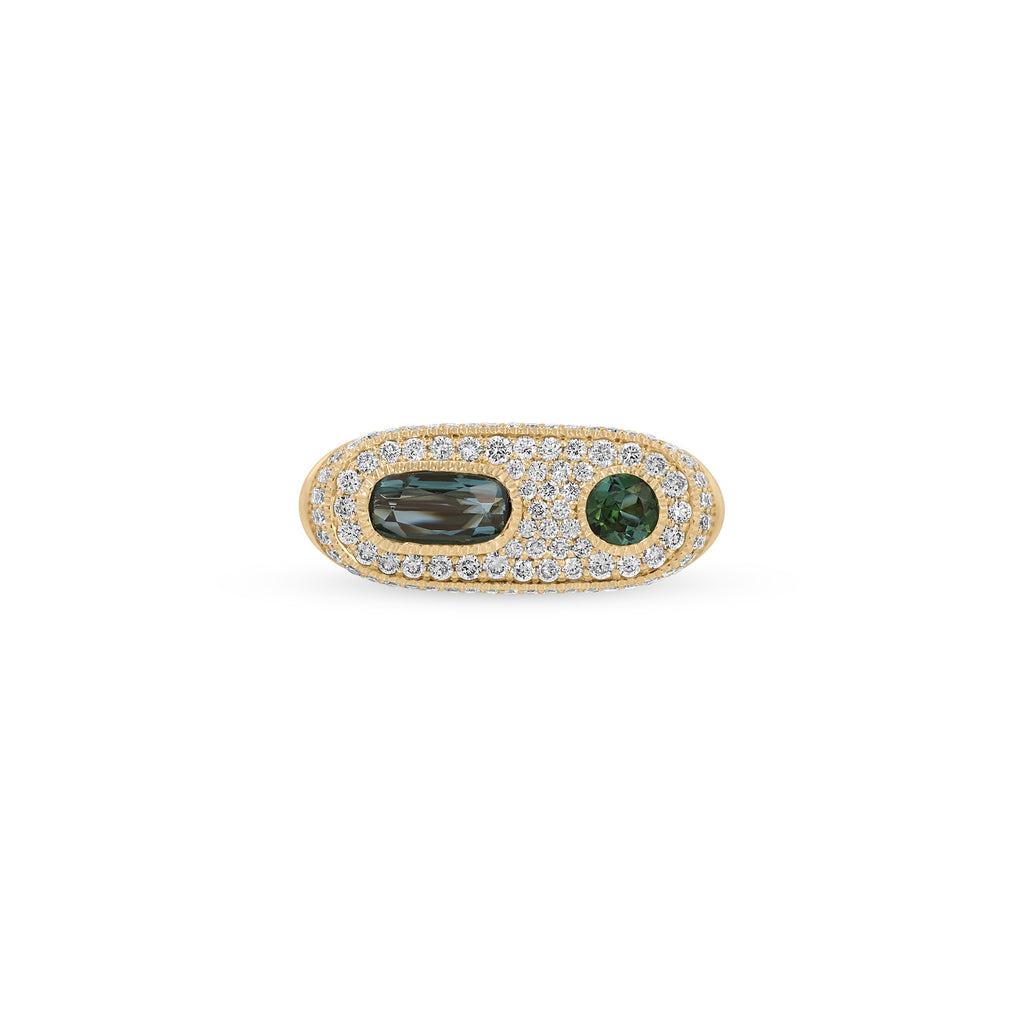 Green Tourmaline Oval + Round Pavé Diamond Ring