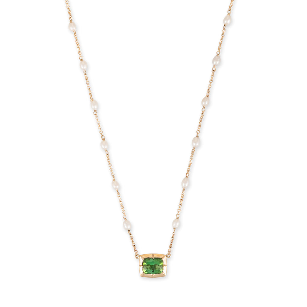 Rectangle Green Tourmaline Sophia Bezel Pearl Chain Necklace