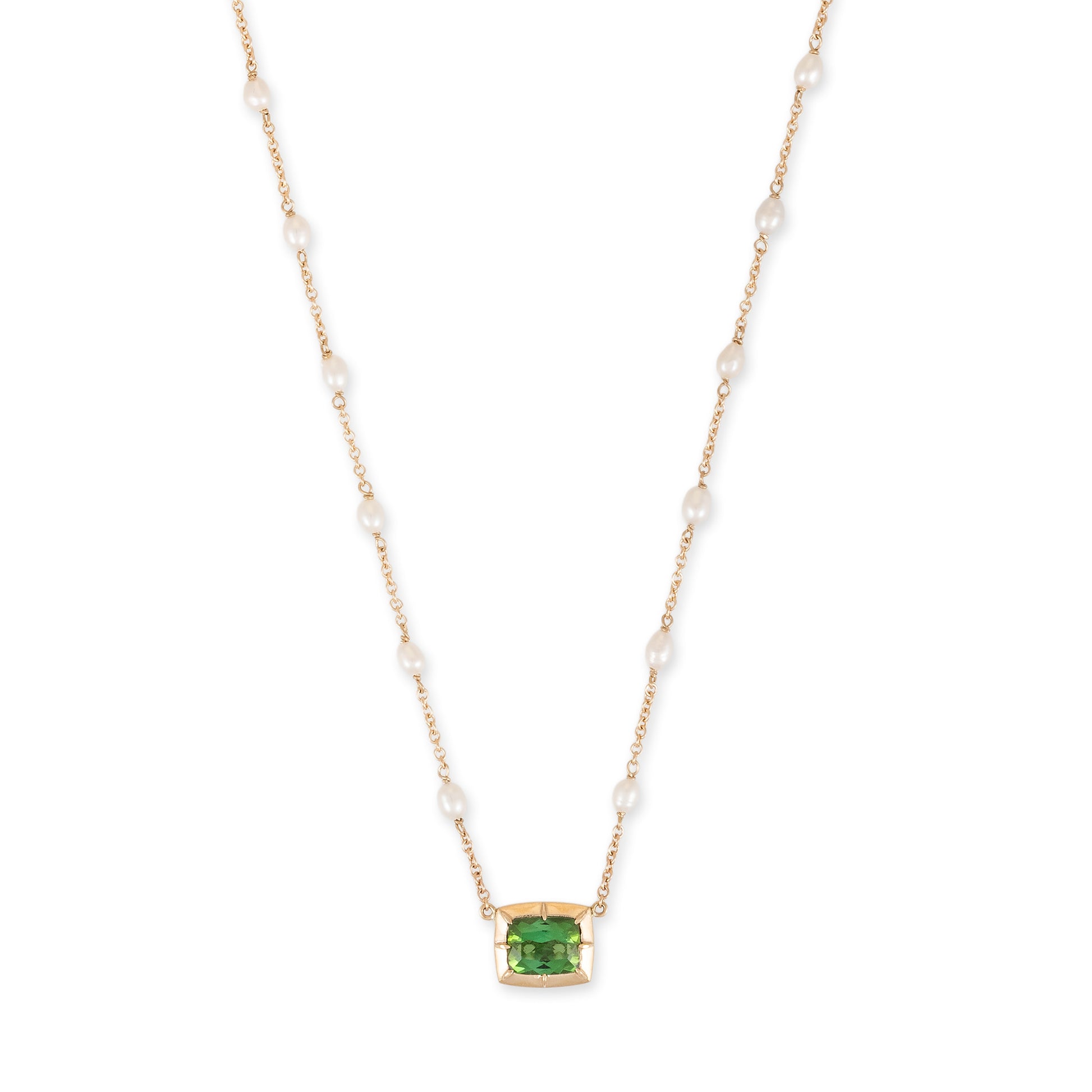 Rectangle Green Tourmaline Sophia Bezel Pearl Chain Necklace