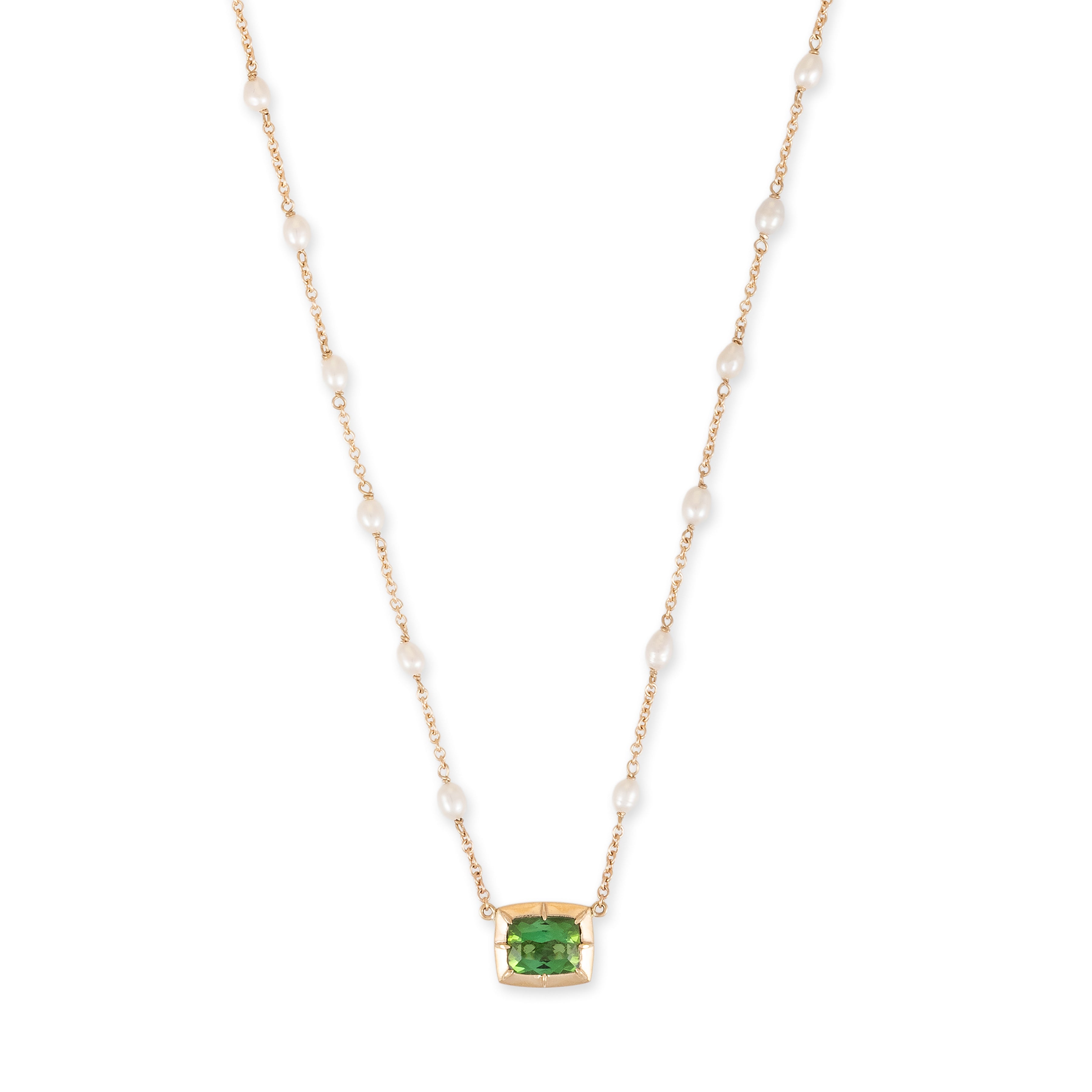 Rectangle Green Tourmaline Vintage Bezel Pearl Chain Necklace