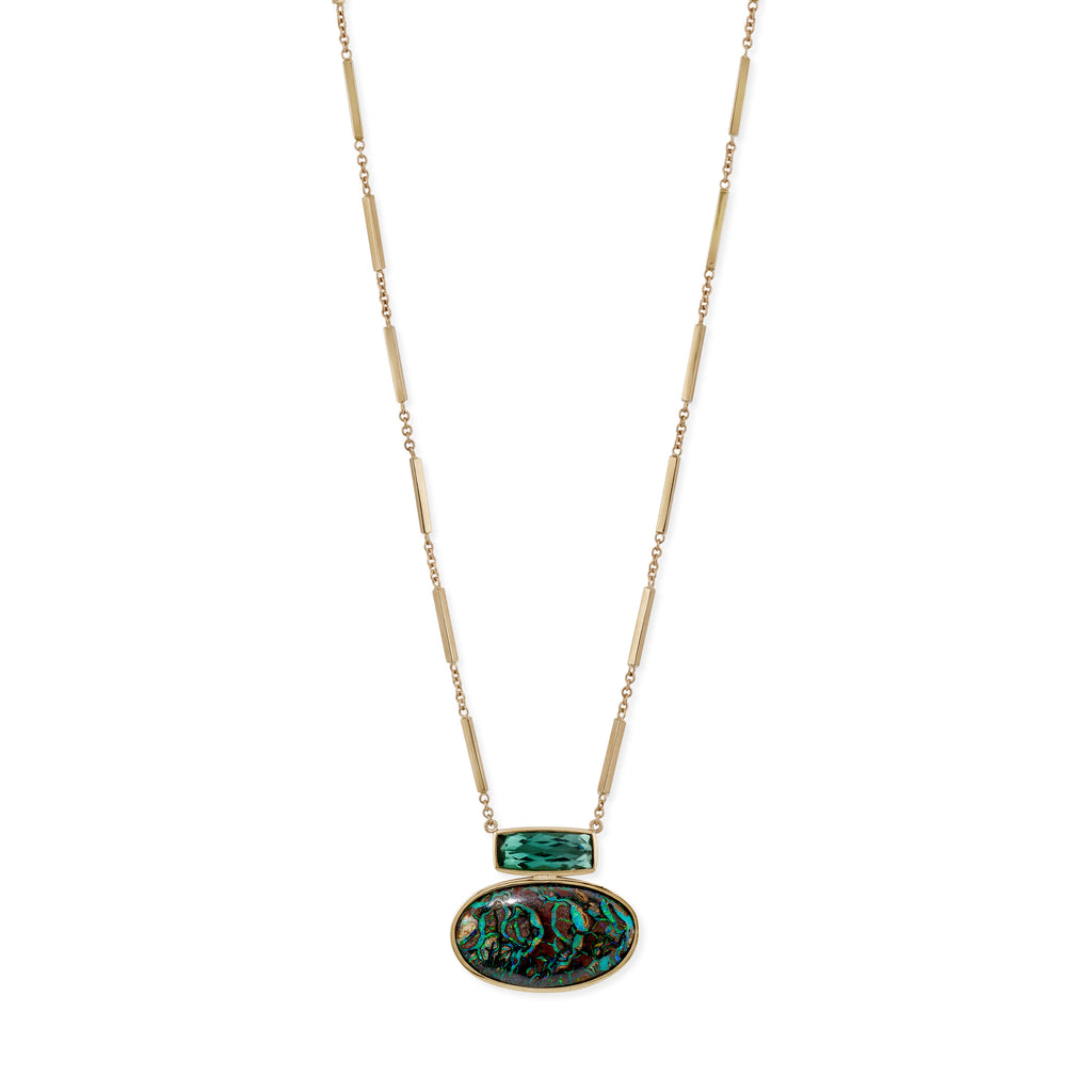 Green Tourmaline Rectangle + Koroit Opal Oval Necklace