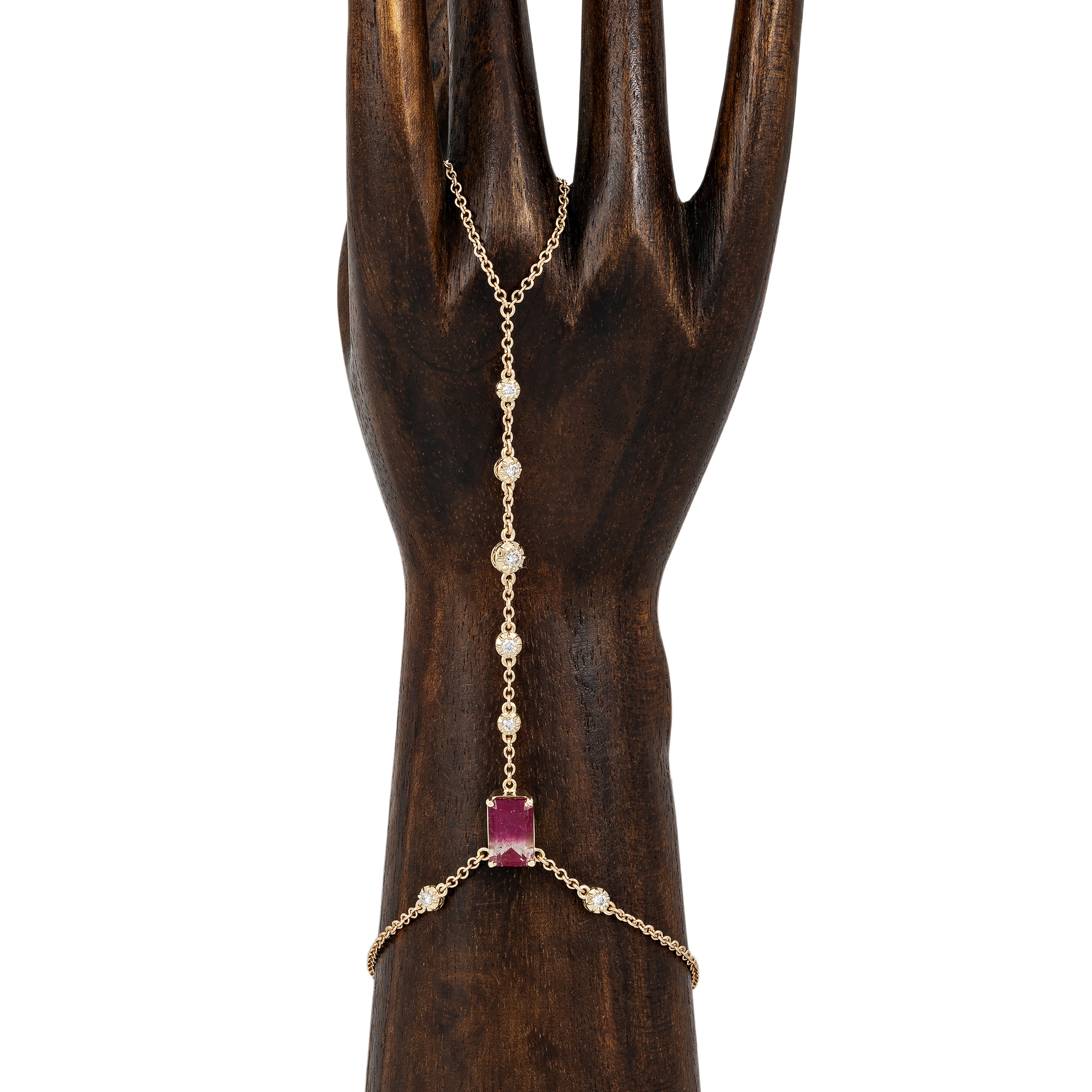 PINK TOURMALINE BAGUETTE + ROUND AND MARQUISE SOPHIA DIAMOND FINGER BRACELET