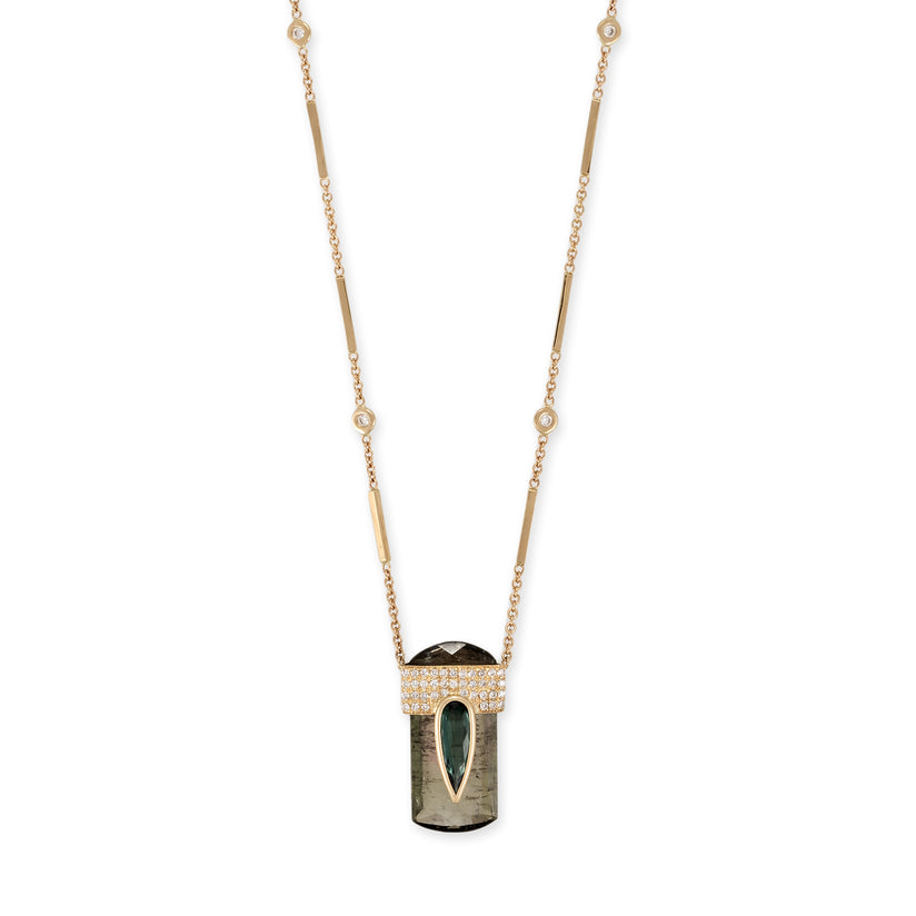 LARGE PAVE GREEN TOURMALINE TEARDROP CAP + OLIVE GREEN FACETED TOURMALINE SMOOTH BAR NECKLACE