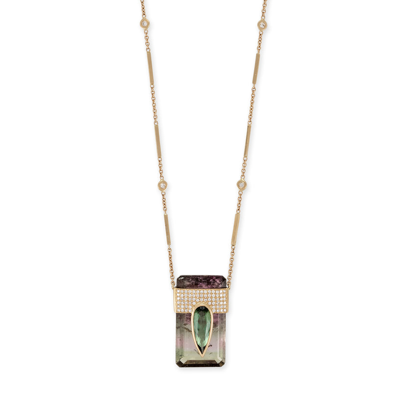 LARGE PAVE GREEN TOURMALINE TEARDROP CAP + WATERMELON TOURMALINE BAGUETTE SMOOTH BAR NECKLACE