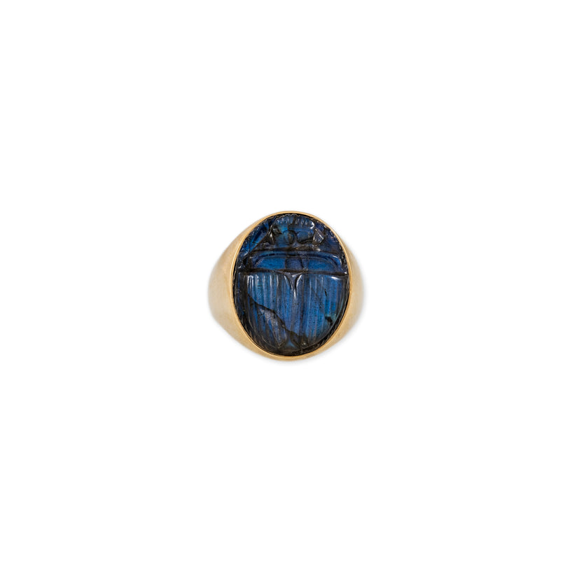 CARVED LABRADORITE SCARAB SIGNET RING