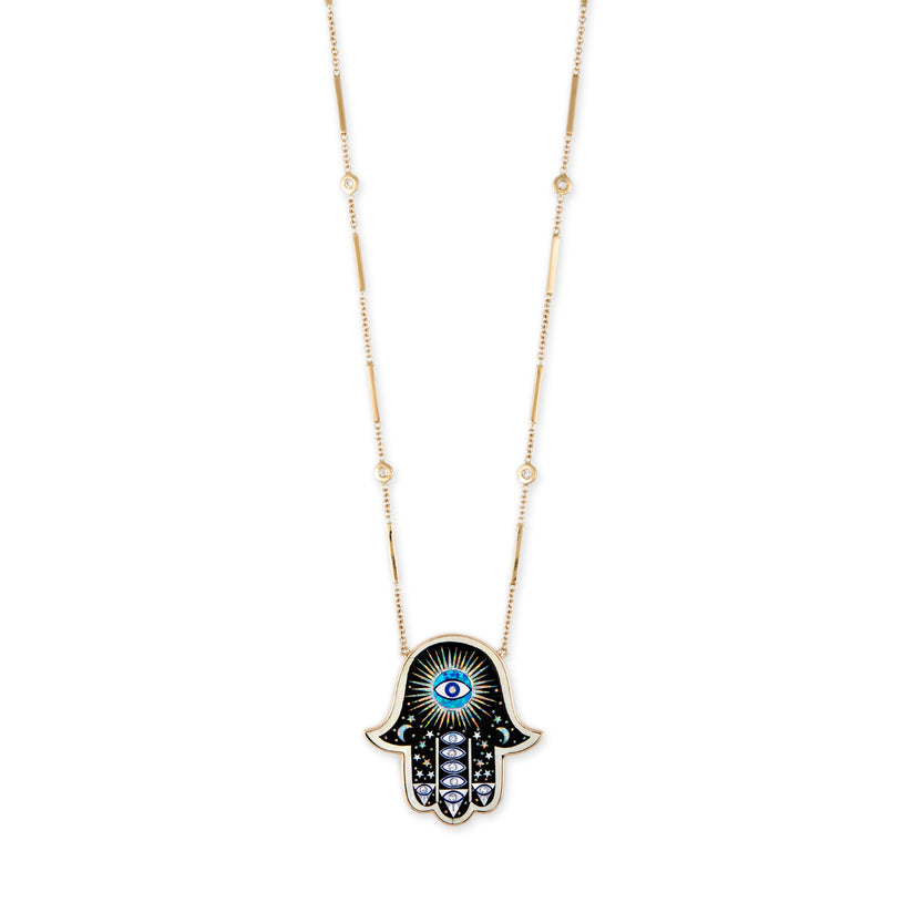 LARGE HAMSA ONYX INLAY NECKLACE