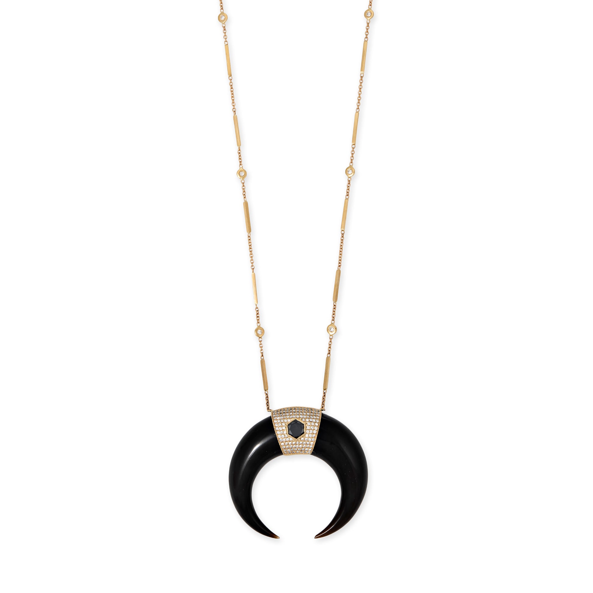 Large Pavé Black Rose Cut Center Double Black Horn Smooth Bar Necklace