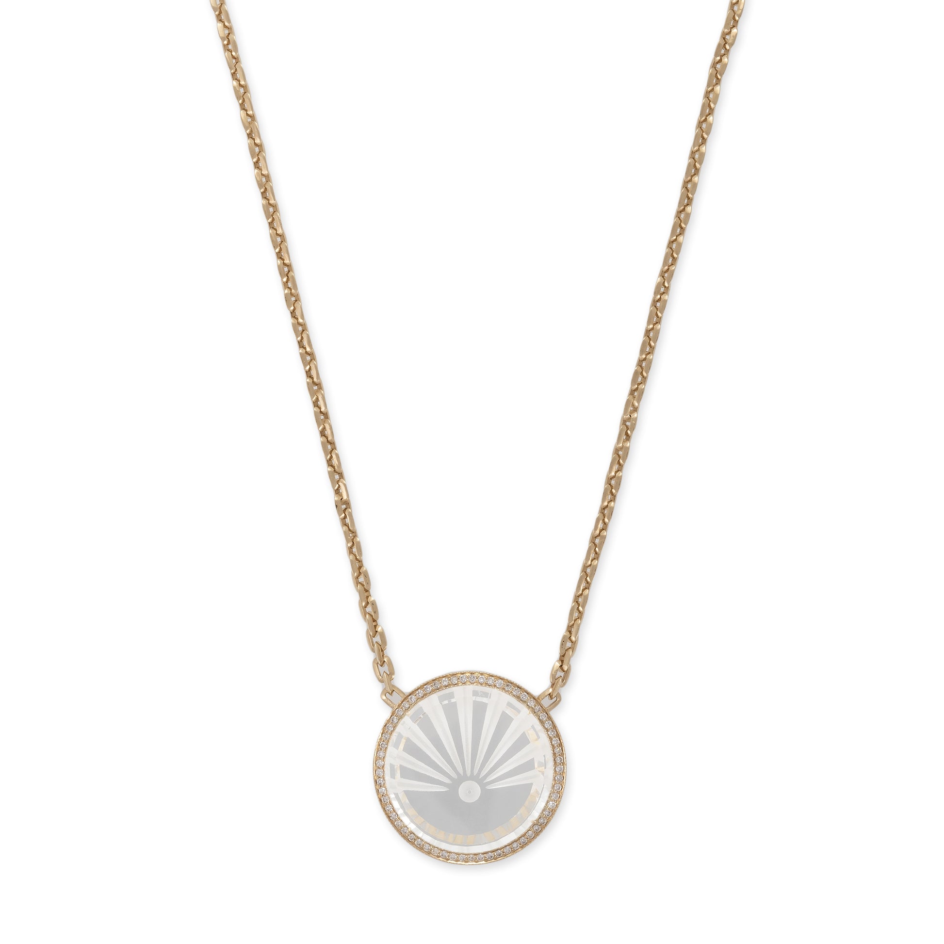 Large Pavé Carved Sunshine Clear Quartz Round Moe Chain Necklace