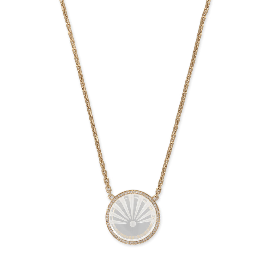 Large Pavé Carved Sunshine Clear Quartz Round Moe Chain Necklace