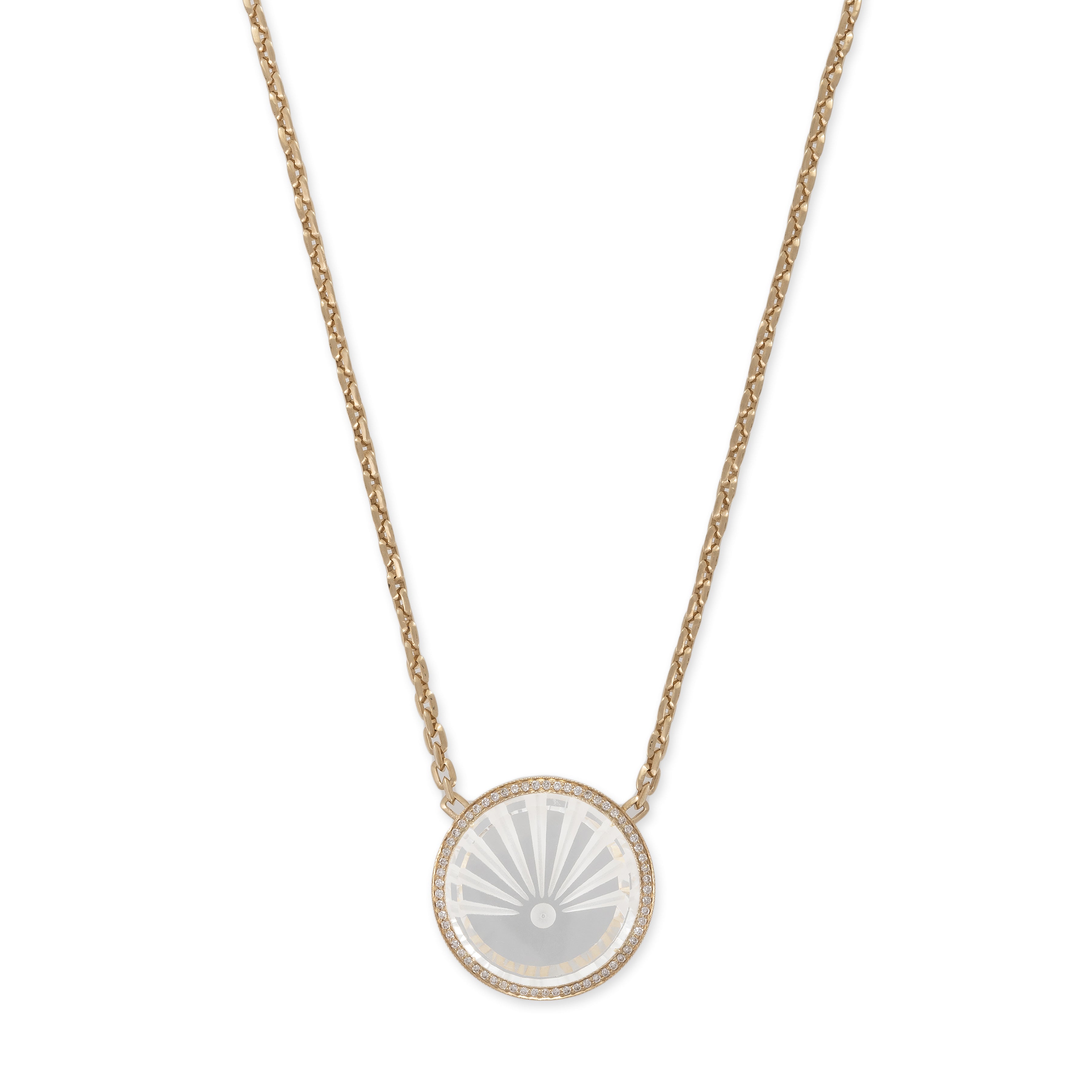 Large Pavé Carved Sunshine Clear Quartz Round Moe Chain Necklace