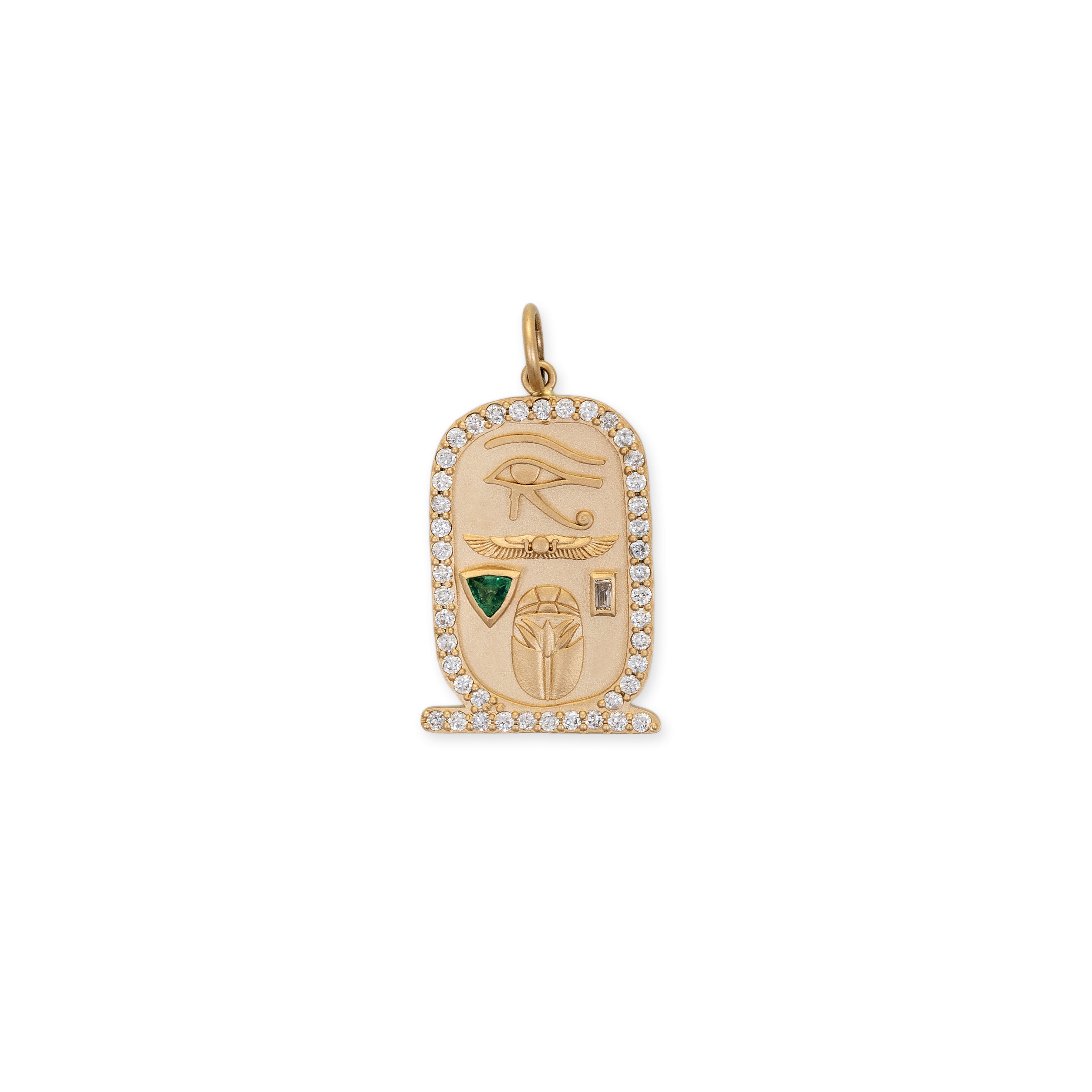 Large Pave Emerald Trillion + Baguette Diamond Cartouche Charm