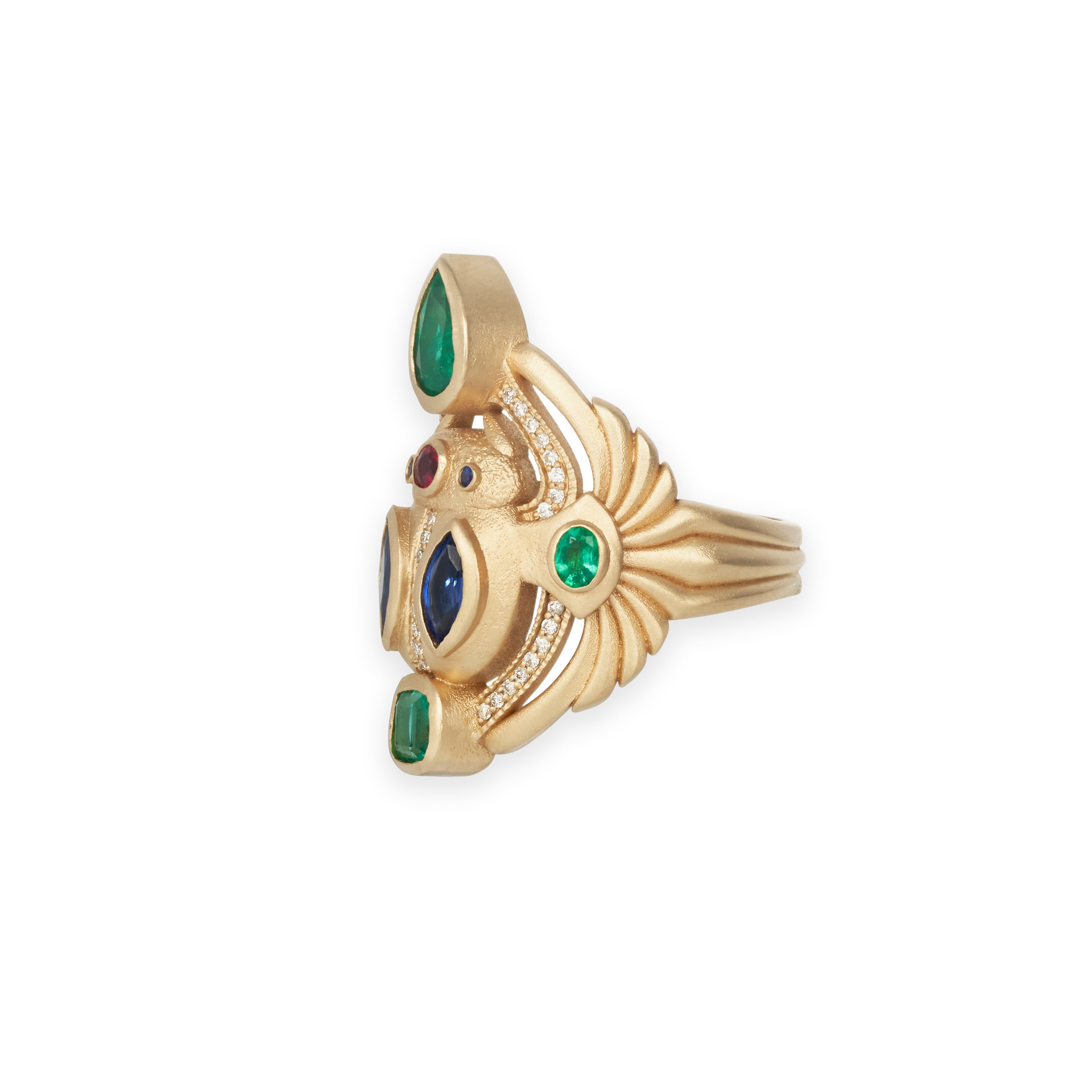 LARGE PAVE EMERALD, SAPPHIRE, RUBY SCARAB RING