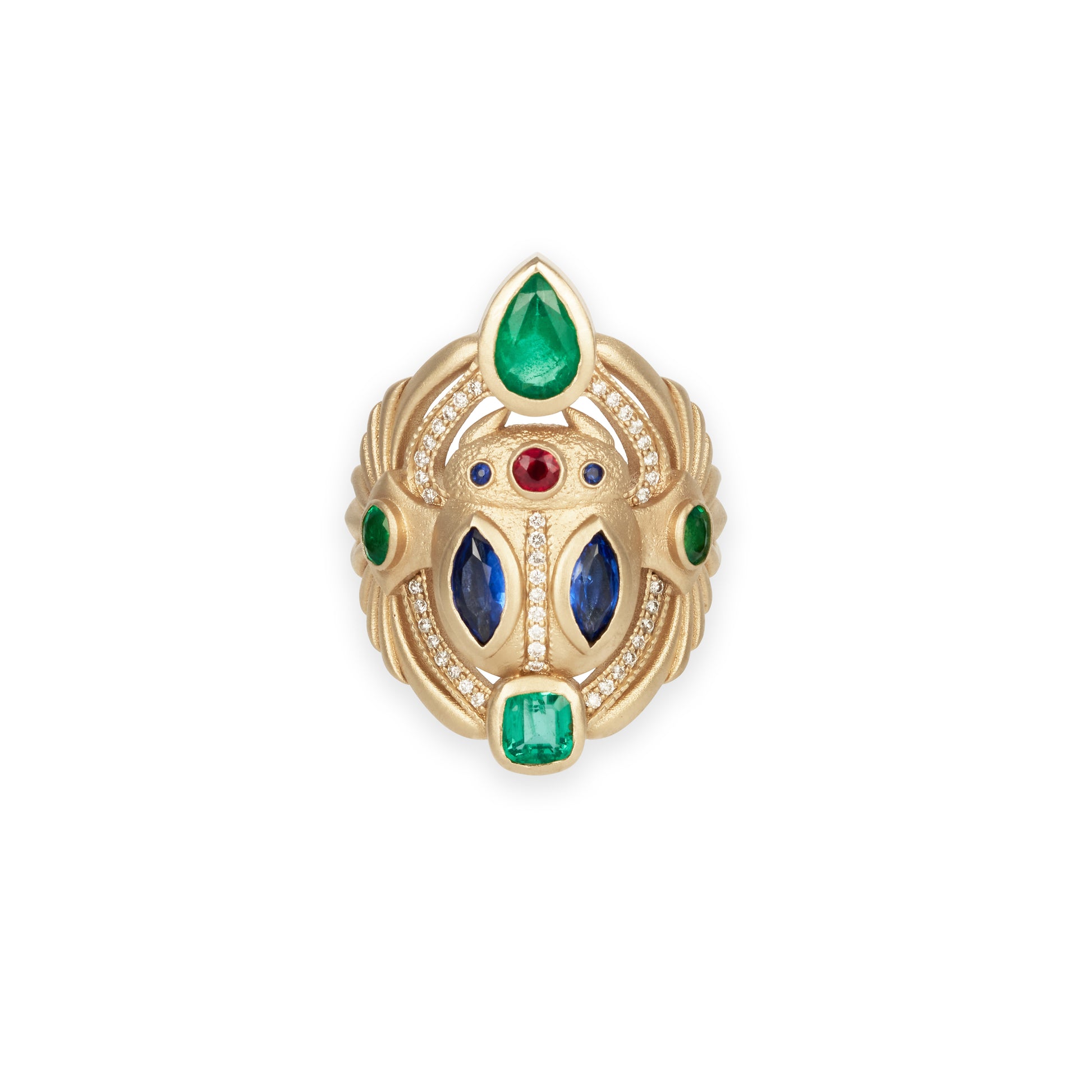 Large Pave Emerald, Sapphire, Ruby Scarab Ring