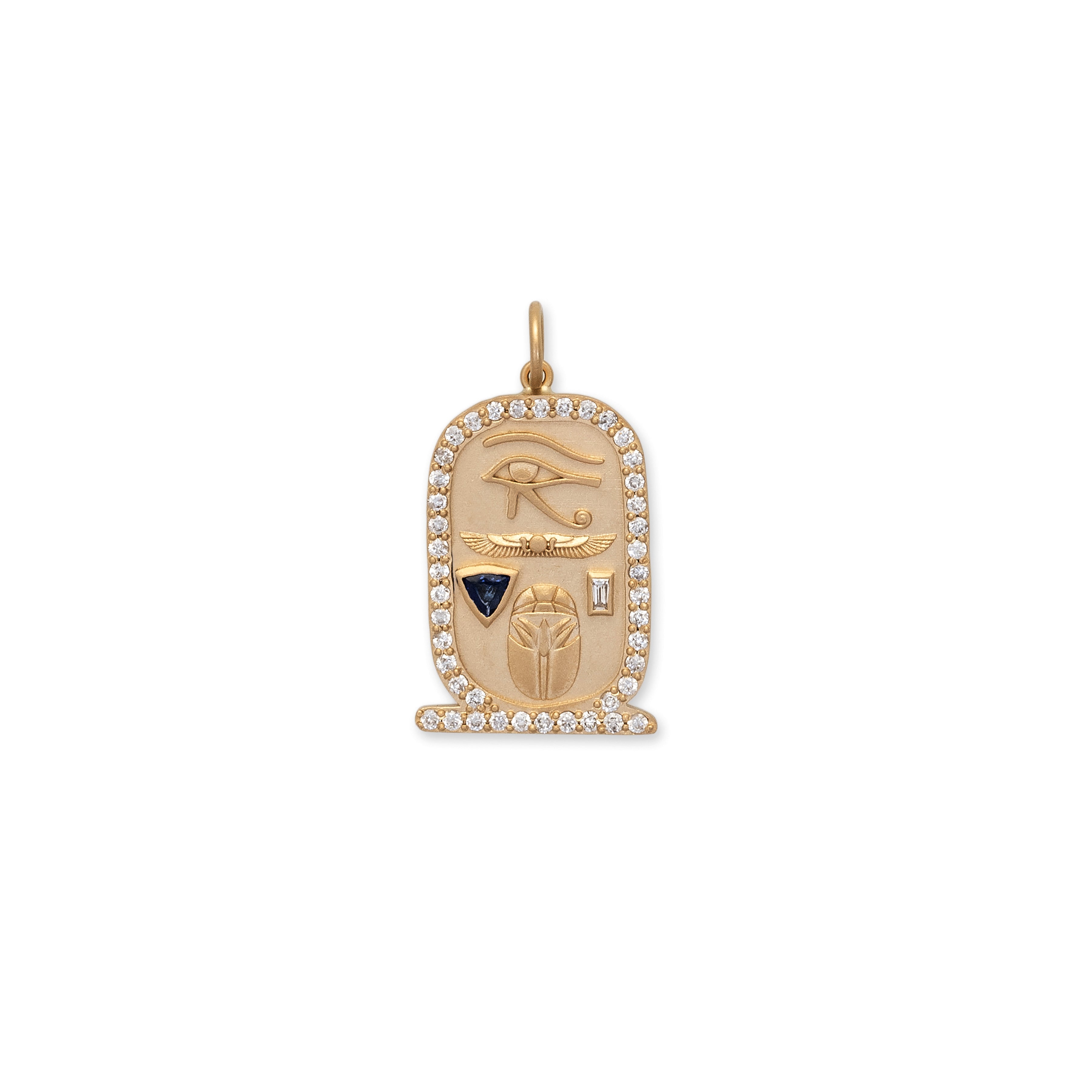 Large Pave Sapphire Trillion + Baguette Diamond Cartouche Charm
