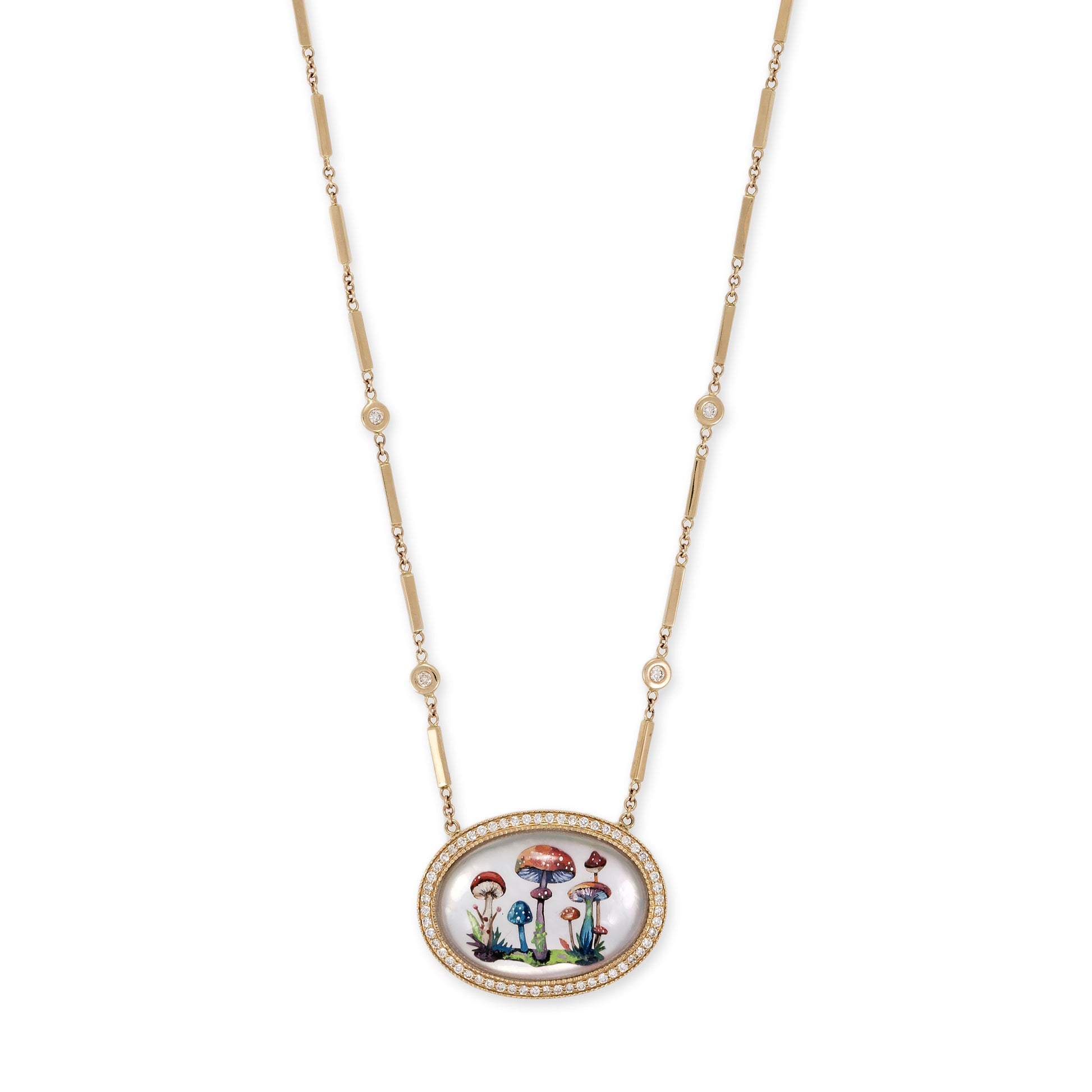 LARGE HAND PAINTED MUSHROOM GARDEN ON MOTHER OF PEARL SMOOTH BAR NECKLACE