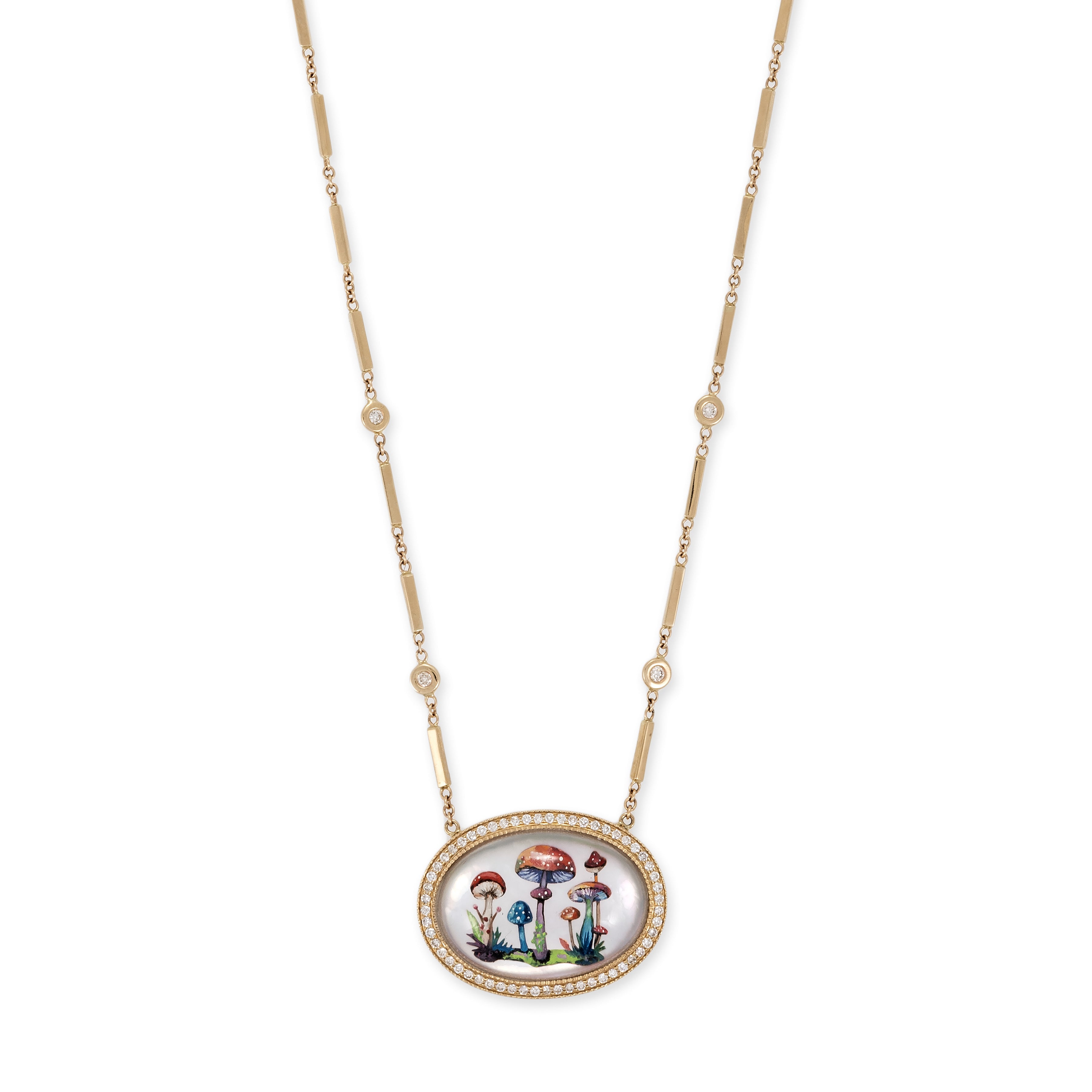 Large Hand Painted Mushroom Garden on Mother of Pearl Smooth Bar Necklace