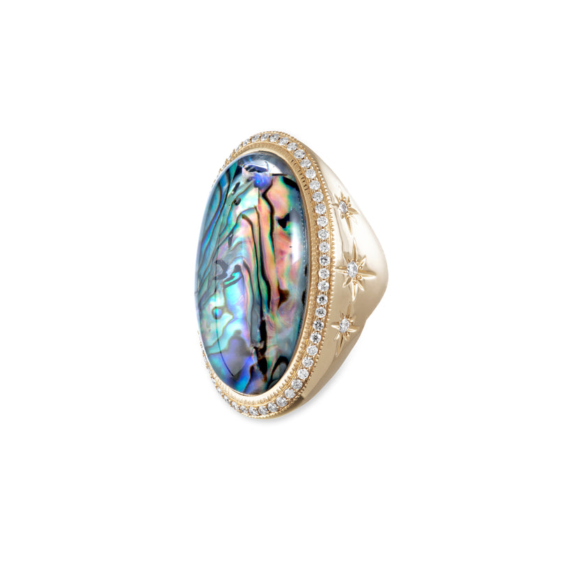 LARGE PAVE OVAL ABALONE STARBURST RING