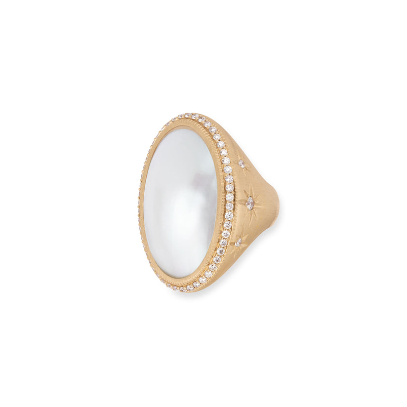 PAVE OVAL PEARL STARBURST RING