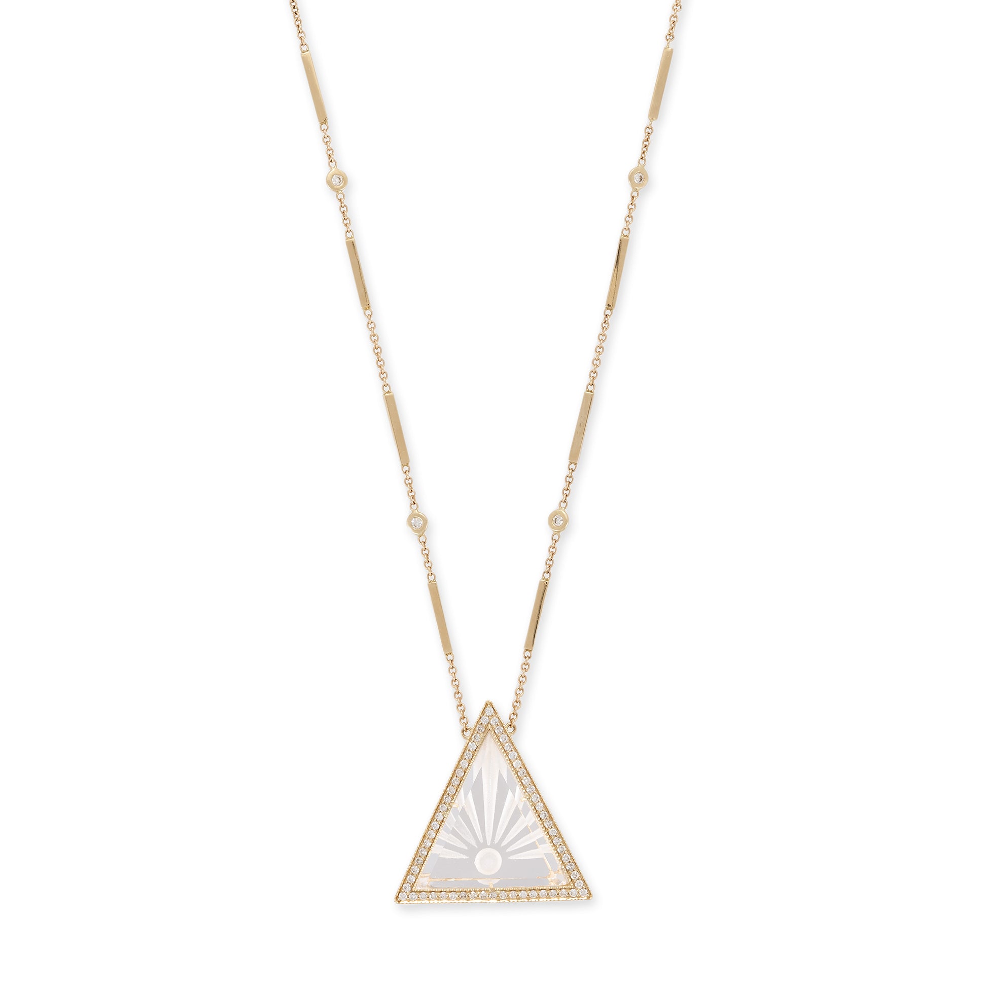 Large Pavé Carved Sunshine Clear Quartz Triangle Smooth Bar Necklace