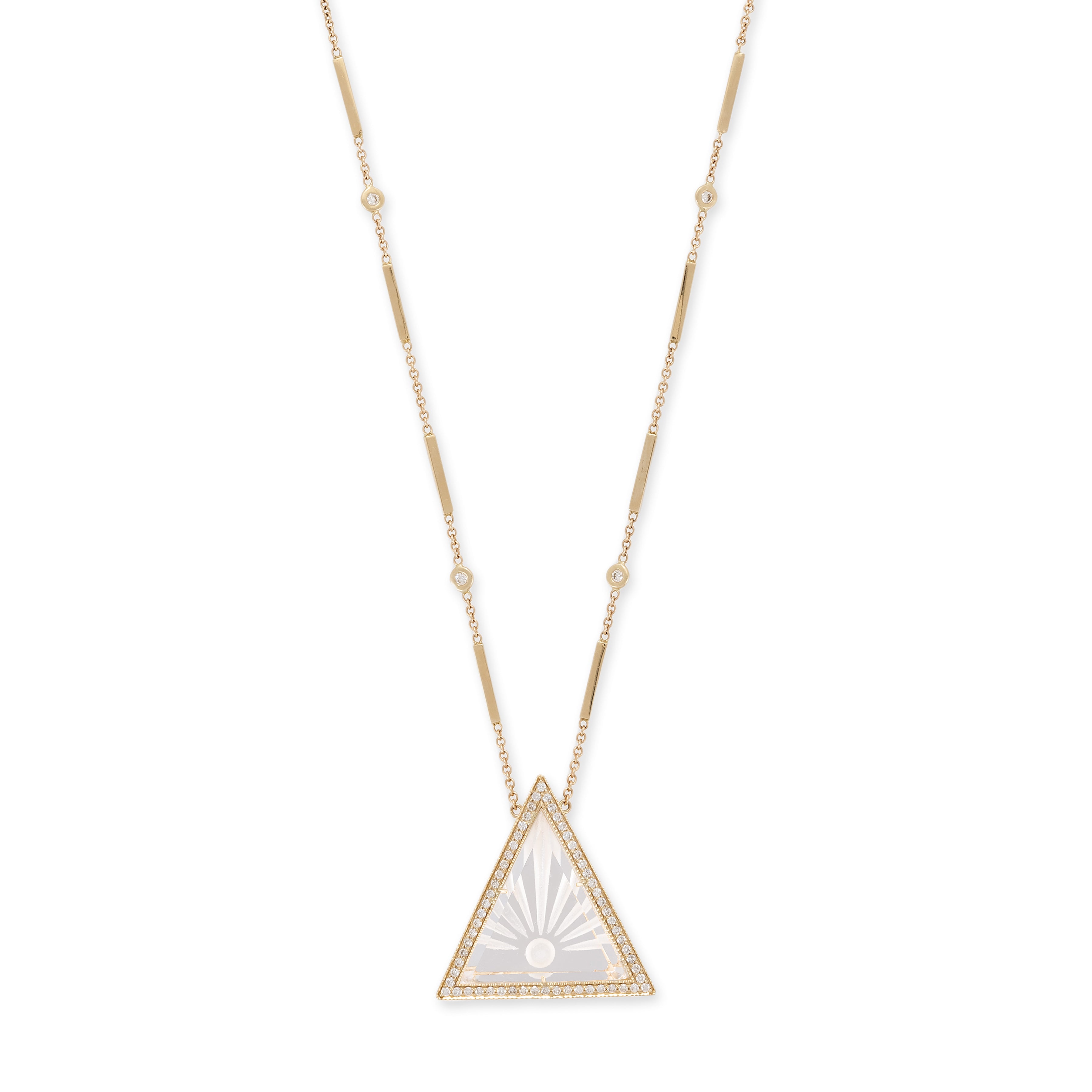 Large Pavé Carved Sunshine Clear Quartz Triangle Smooth Bar Necklace