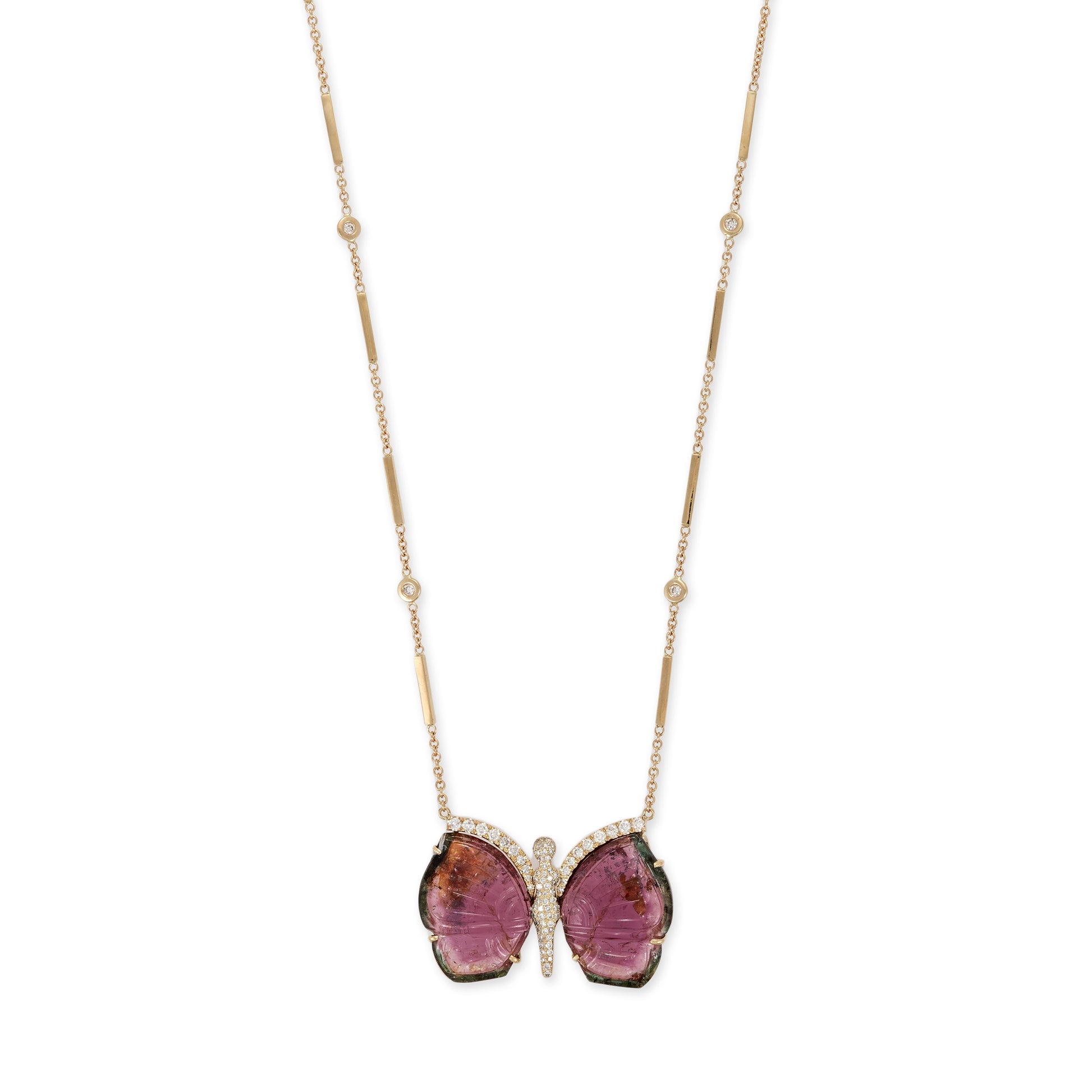 Large Watermelon Tourmaline Pave Center Butterfly Necklace