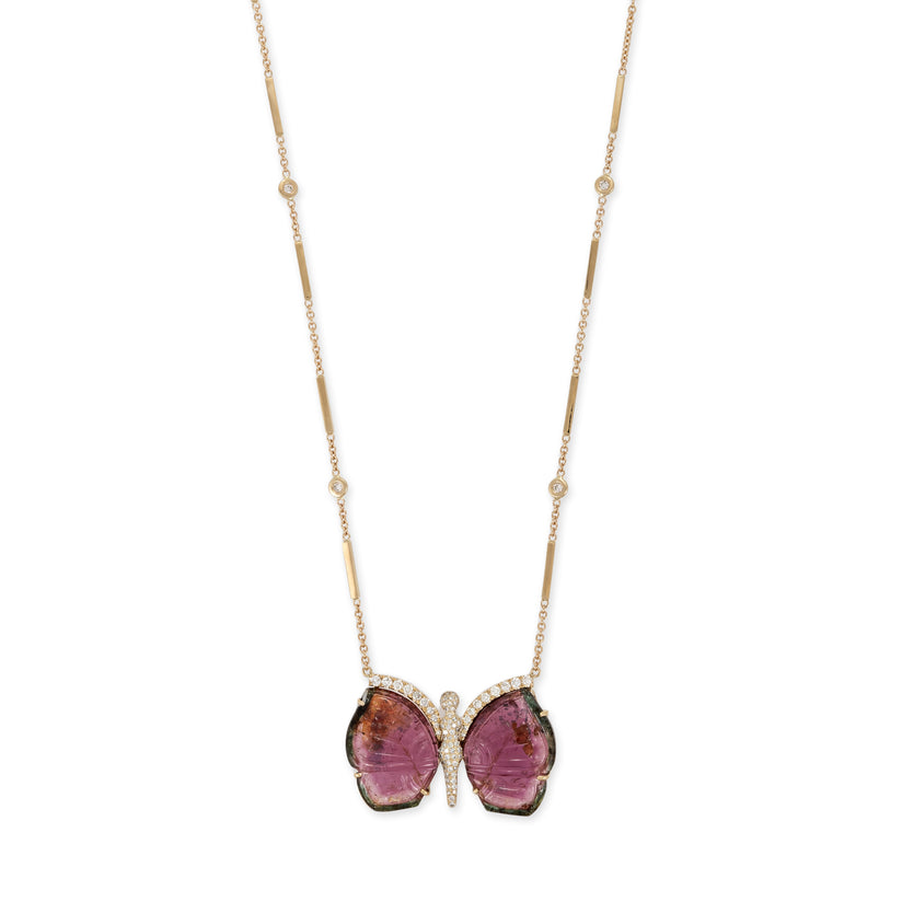 Large Watermelon Tourmaline Pave Center Butterfly Necklace