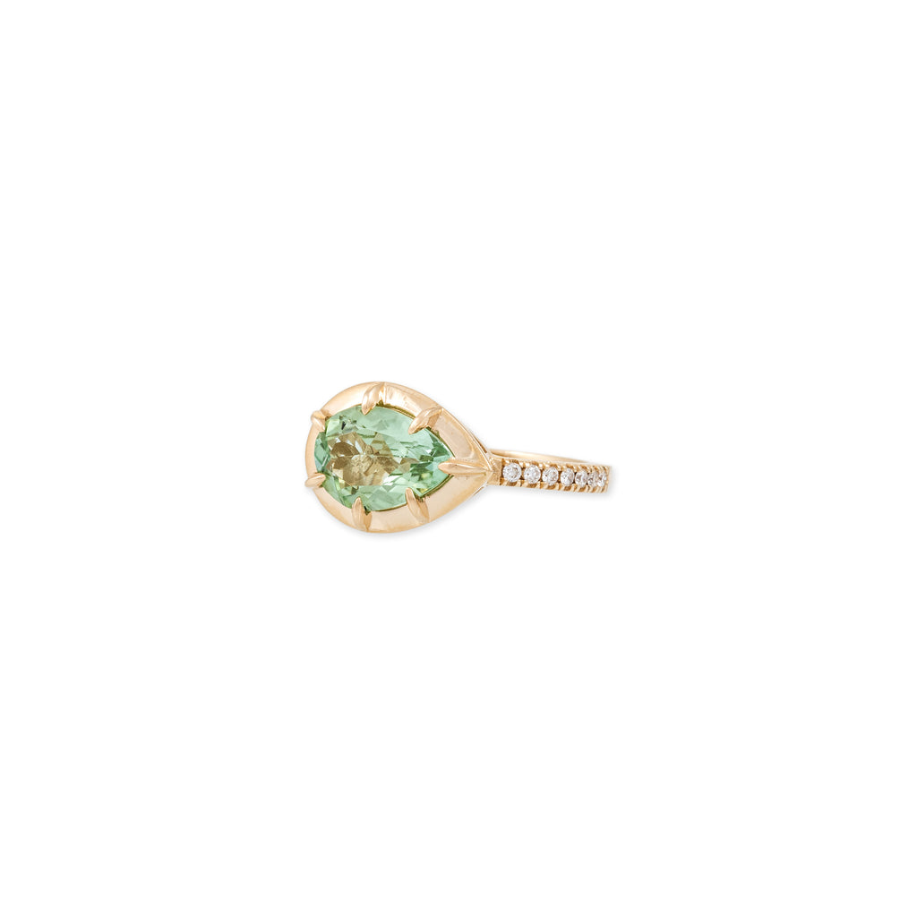 Light Green Tourmaline Teardrop Sophia Bezel Pave Ring