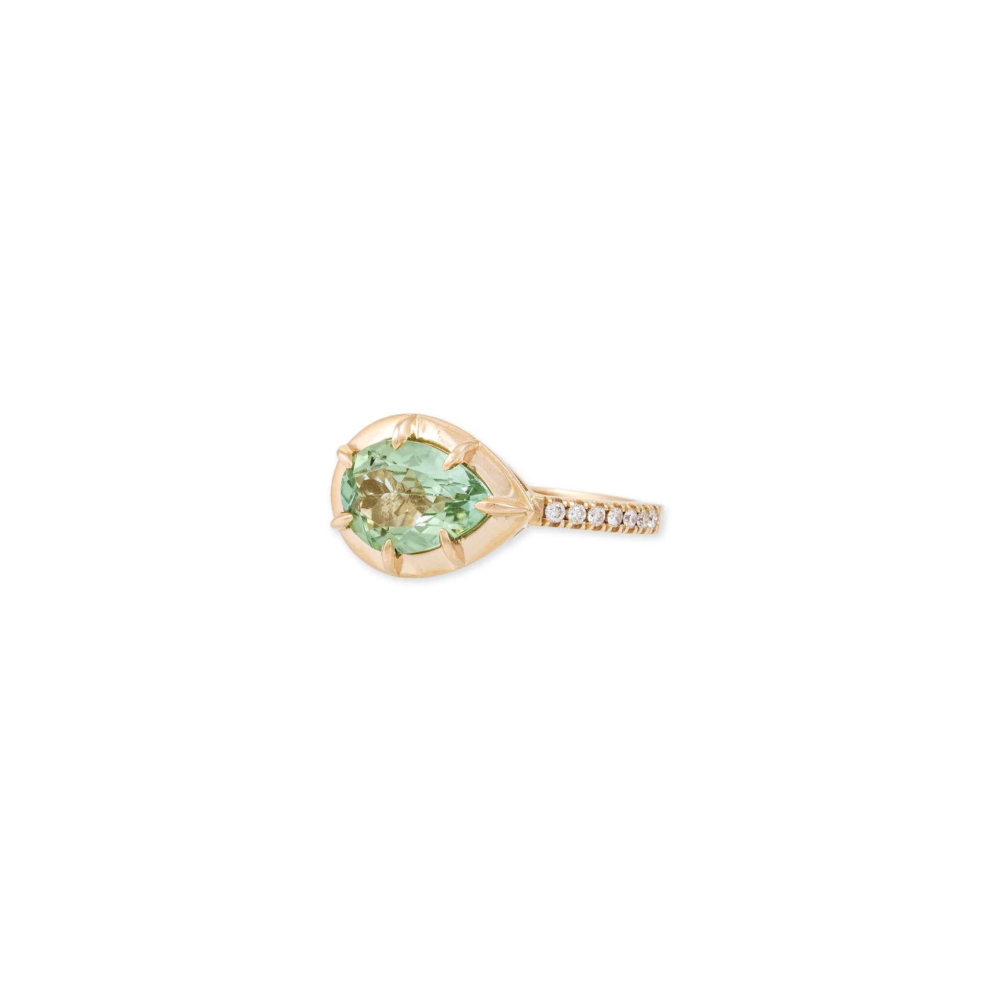 Light Green Tourmaline Teardrop Sophia Bezel Pave Ring